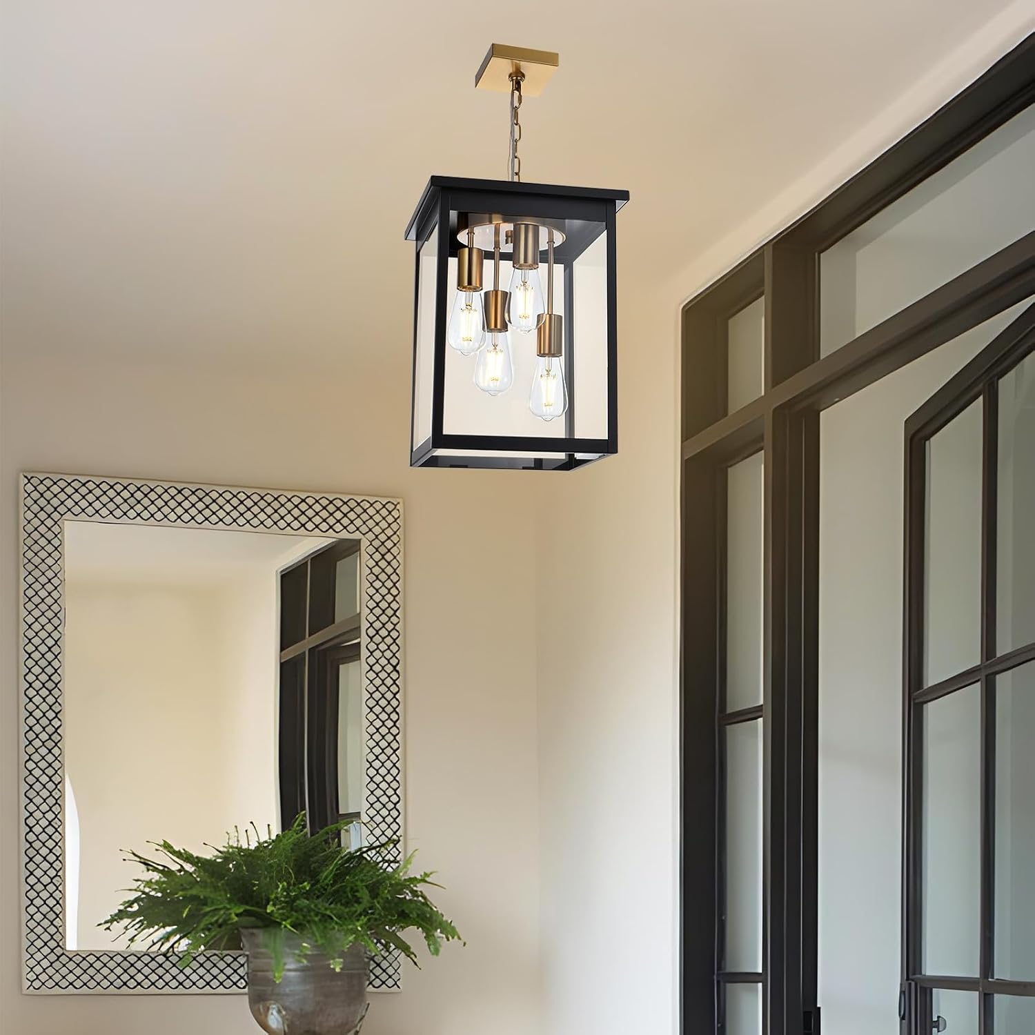 Yaohong Large Outdoor Pendant Light, 4-Lights Black and Brushed Brass Exterior Hanging Porch Chandelier Lantern with Clear Glass, Outdoor Ceiling Light Fixture for Entryway Gazebo Patio