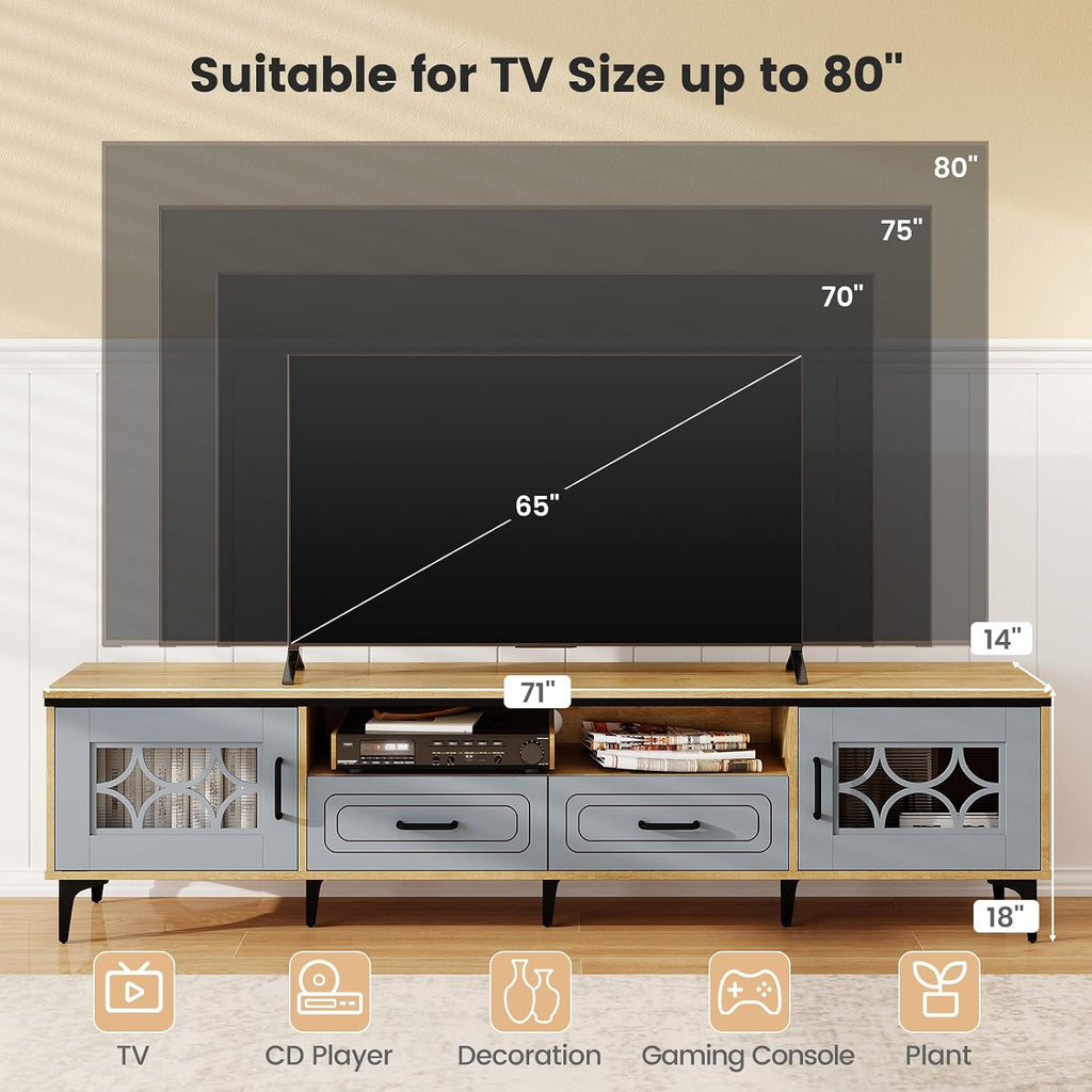 Giantex Wood TV Stand for TVs up to 80', Modern Entertainment Center with Storage Drawers, Side Cabinets, Wood Television Stands, Media TV Console Table for Living Room Bedroom (Oak & Bluish Gray)