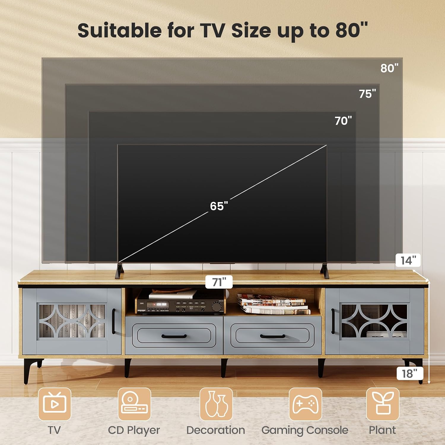 Giantex Wood TV Stand for TVs up to 80', Modern Entertainment Center with Storage Drawers, Side Cabinets, Wood Television Stands, Media TV Console Table for Living Room Bedroom (Oak & Bluish Gray)