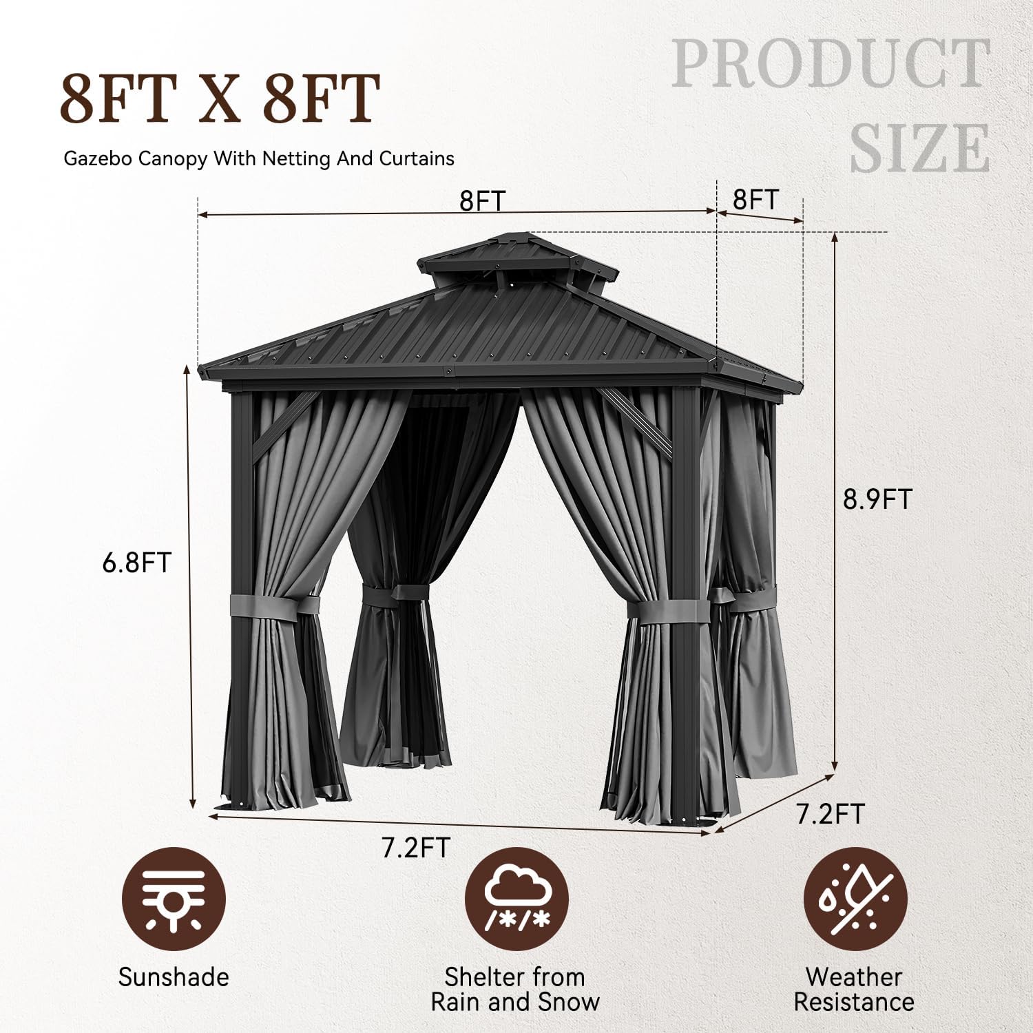 8 Ft. W X 8 Ft. D Patio Gazebo with Double Roof