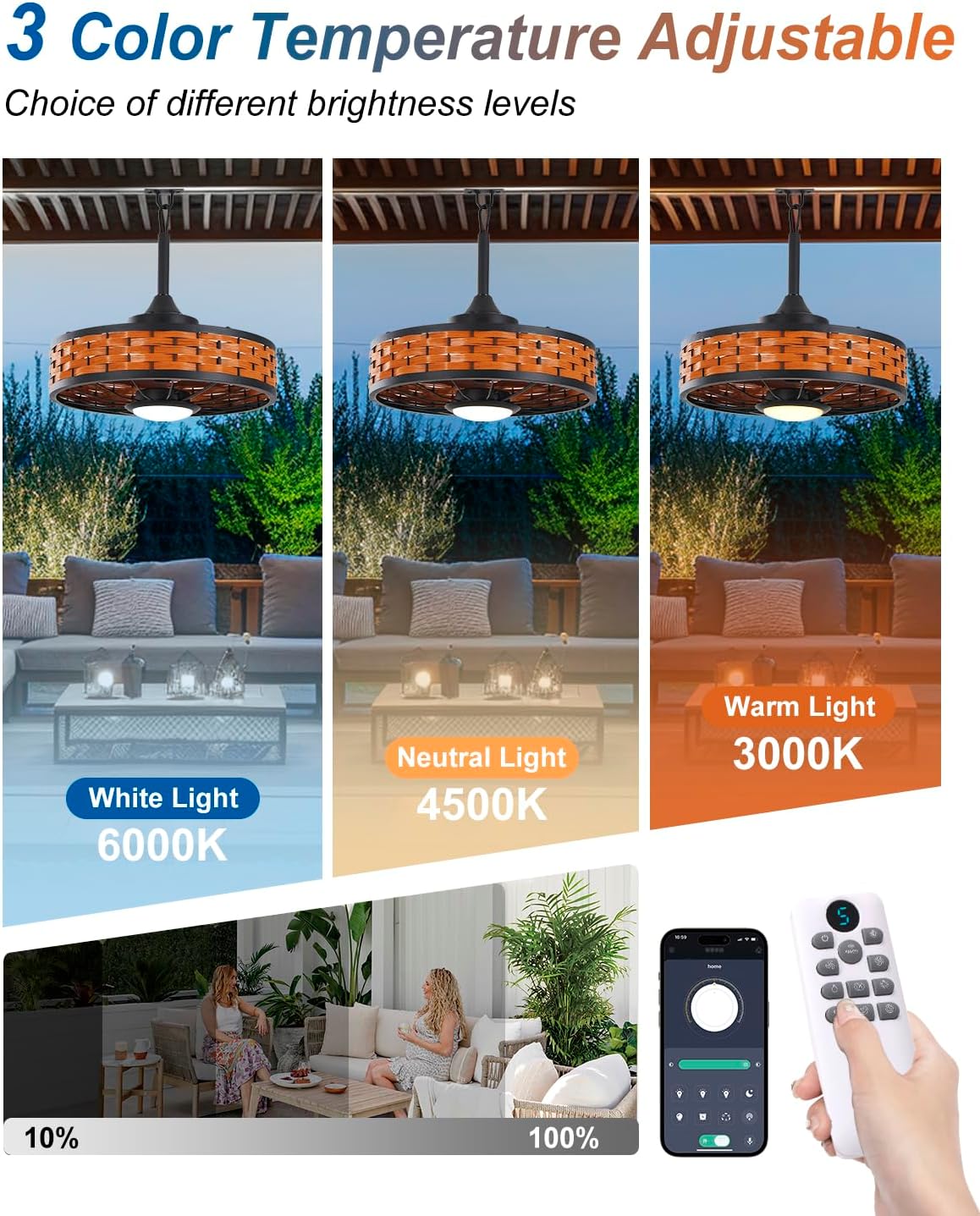 Outdoor Ceiling Fans with Light for Patios, 20' Weatherproof Gazebo Fan with Hanging Hook, Remote Control & APP, 6 Speeds, 3CCT, Caged Plug in Ceiling Fan for Patio