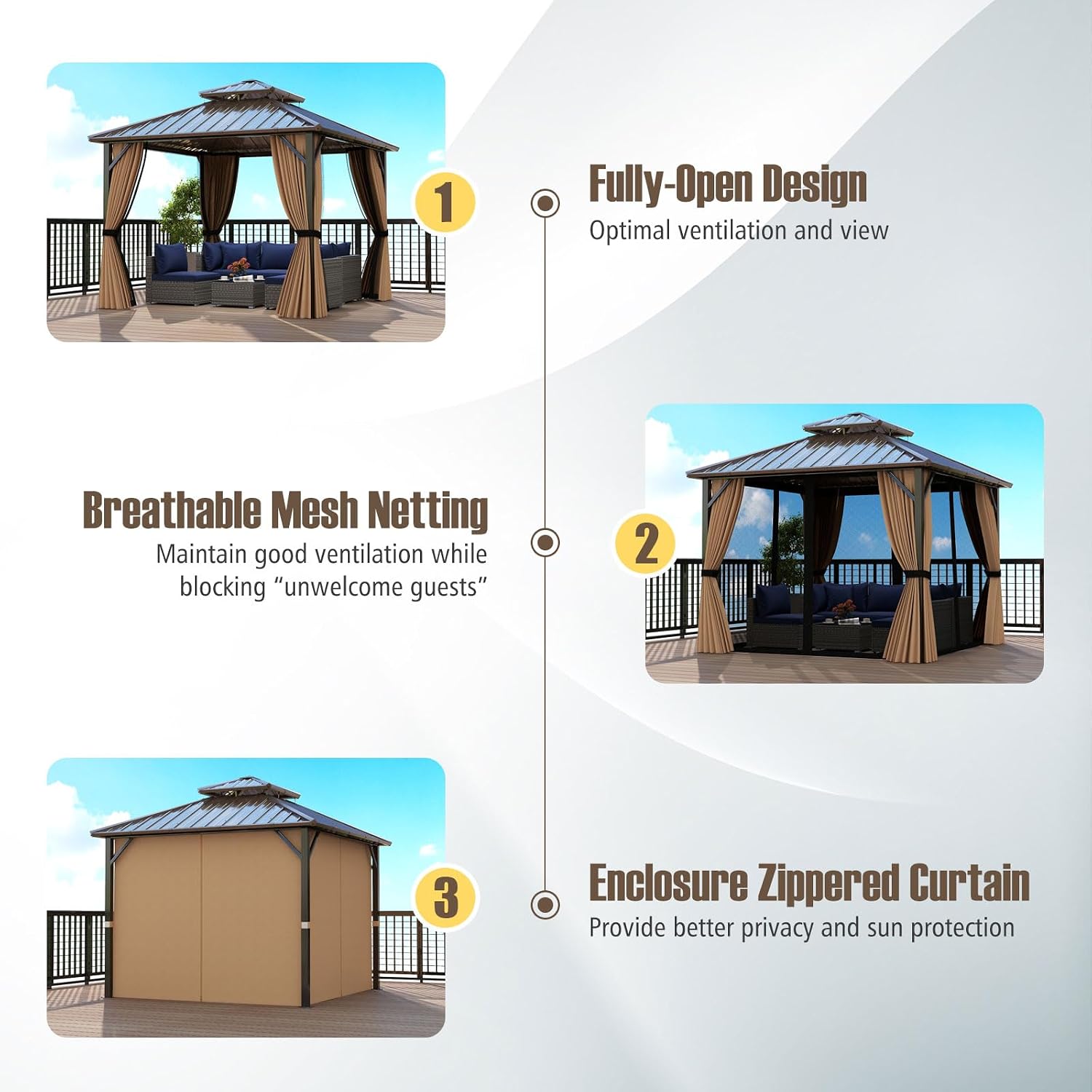 Tangkula 10x10 FT Hardtop Gazebo, Aluminum Frame Permanent Pavilion with Curtains, Netting, Heavy-Duty Double-Tier Galvanized Metal Roof, Outdoor Gazebo for Patios Garden Deck Lawn Backyard