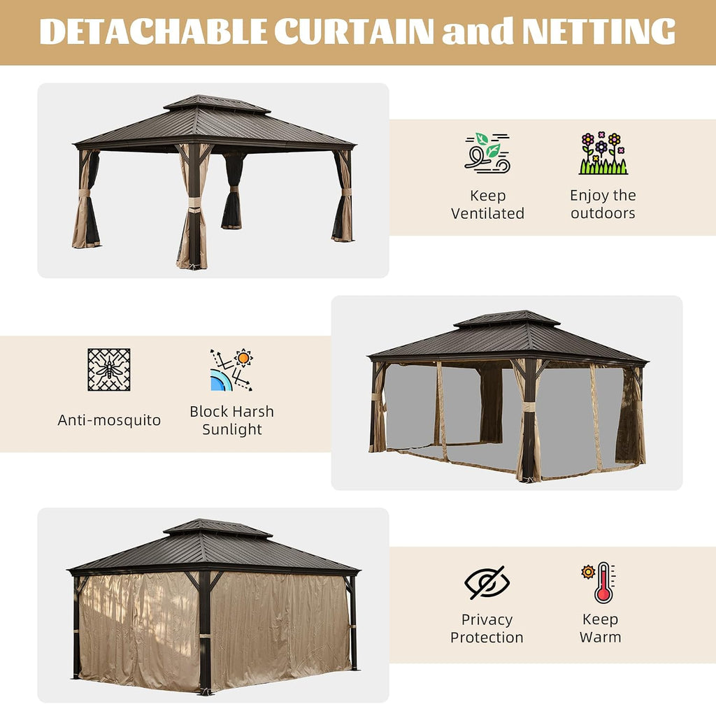 Domi 10x14FT Hardtop Gazebo, Outdoor Gazebo with Double Galvanized Steel Roof, Metal Pavilion Shelter for Patio, Lawn and Garden, Detachable Curtain and Netting Included, Brown