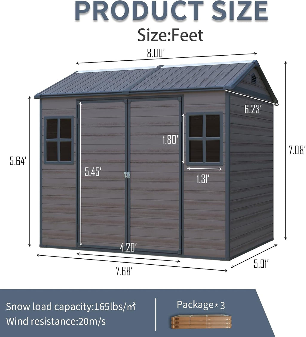 8x6 ft Outdoor Resin Storage Shed with Floor, Waterproof Plastic Garden Shed with Lockable Door and Two Windows, All-Weather Tool Sheds for Backyard, Patio, Lawn (Brown)
