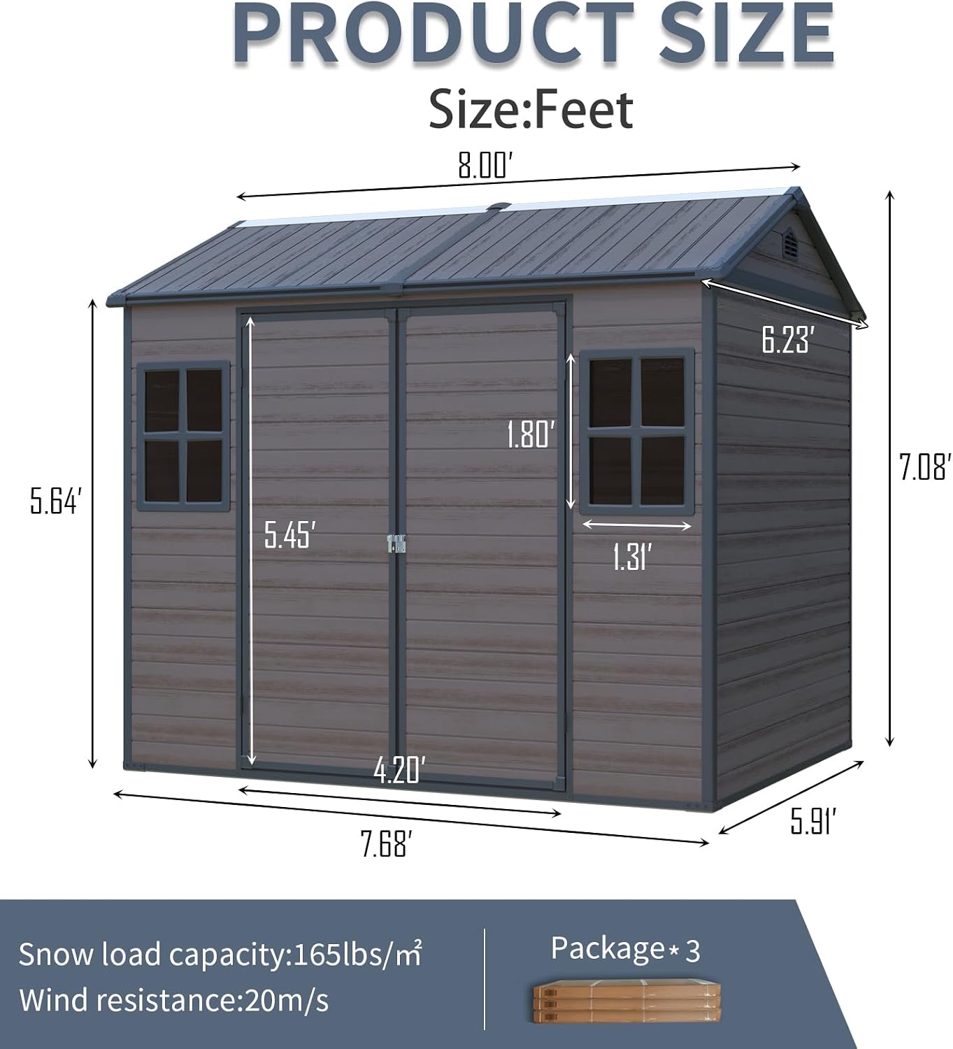 8x6 ft Outdoor Resin Storage Shed with Floor, Waterproof Plastic Garden Shed with Lockable Door and Two Windows, All-Weather Tool Sheds for Backyard, Patio, Lawn (Brown)