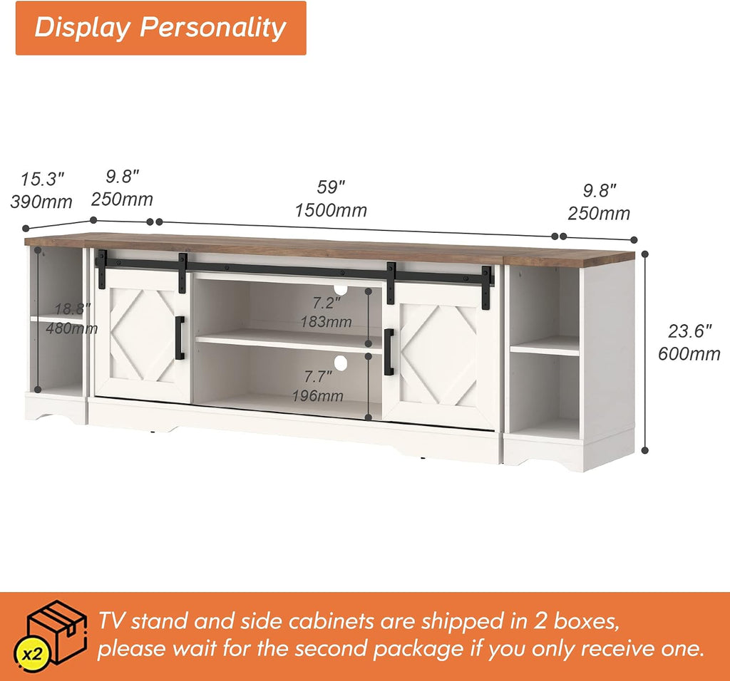 WAMPAT 3-in-1 Modern FarmhouseTV Stand for up to 85' TV, 23.6' H Wood Entertainment Center with Sliding Barn Door and Adjustable Media Storage Shelf for Living Room, Antique White