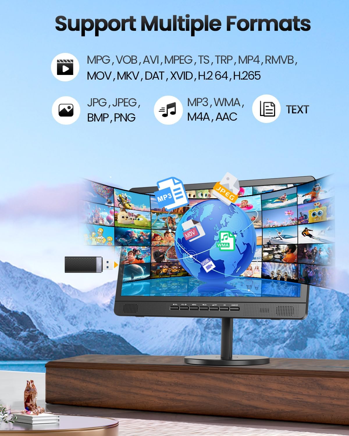 Desobry 18.5' Portable TV with Antenna, 6500mAh Rechargeable Portable Monitor with 1080P HDMI Input, AV Input, USB, Small TV for Travel, Camping, Kitchen, Bedroom, RV, Power Outage