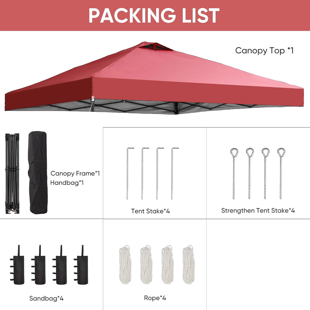 GDY 12x12 Pop Up Canopy Patio Carpas, One Push Set up with Central Lock Canopy with Wheeled Carry Bag, Included 4 Sandbaogs,8 Stakes and 4 Ropes, Red