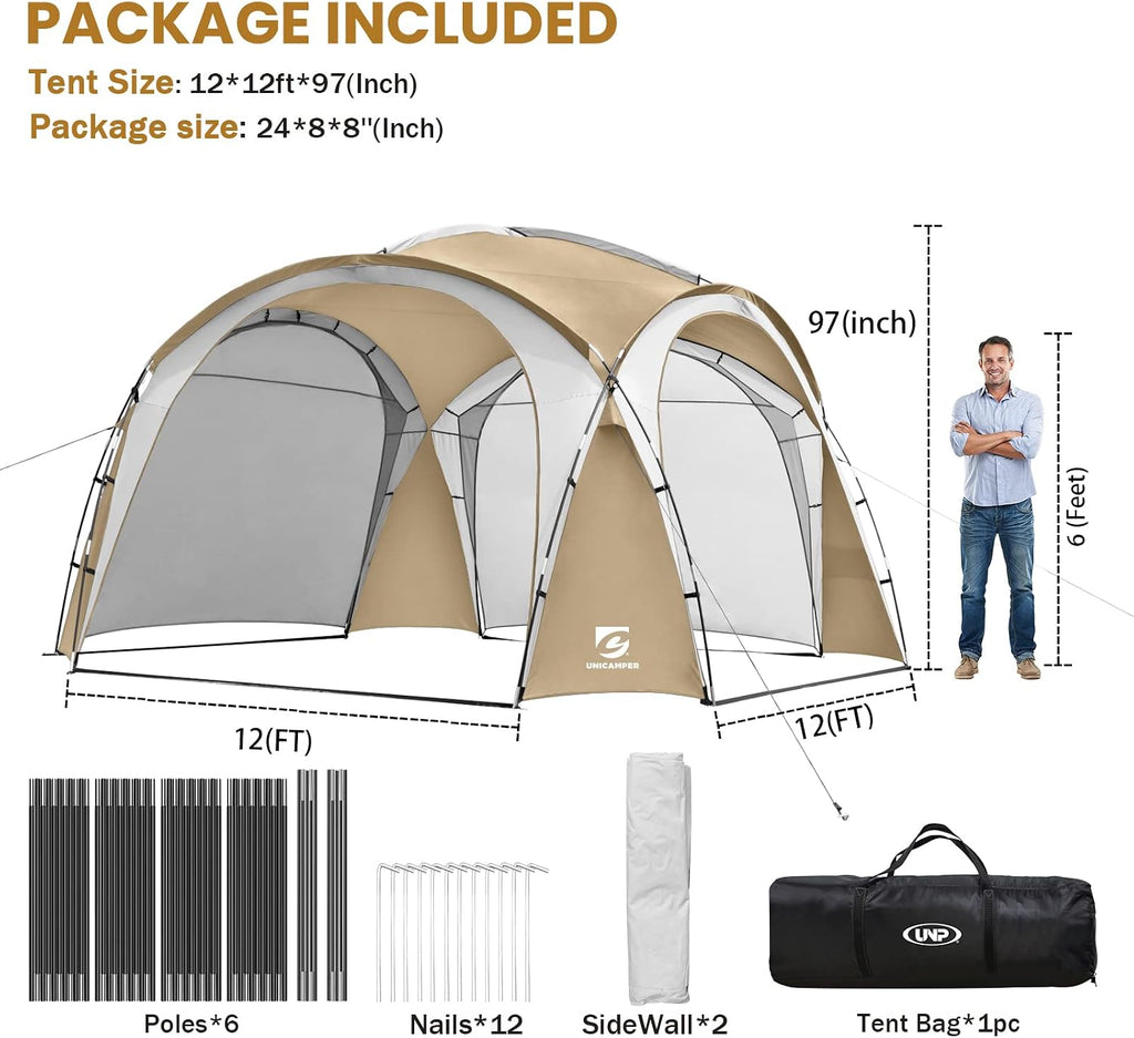 UNICAMPER Beach Tent 12 X 12ft Large UPF50+ Pop Up Canopy with 2-Pcs Side Wall