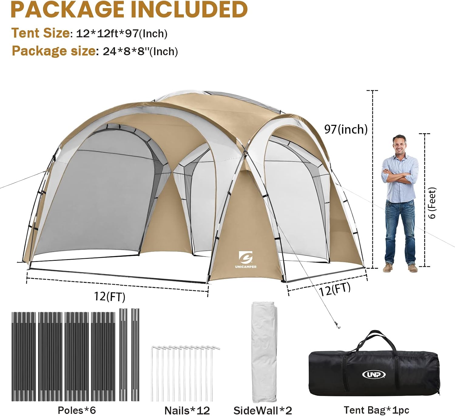 UNICAMPER Beach Tent 12 X 12ft Large UPF50+ Pop Up Canopy with 2-Pcs Side Wall