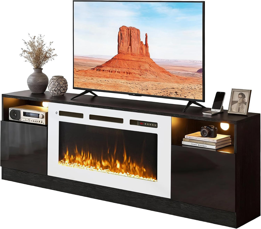 70' Fireplace TV Stand, LED Light Entertainment Center for TVs Up to 80', High-Gloss Door, Modern TV Console for Living Room with Storage Cabinet, Black+White
