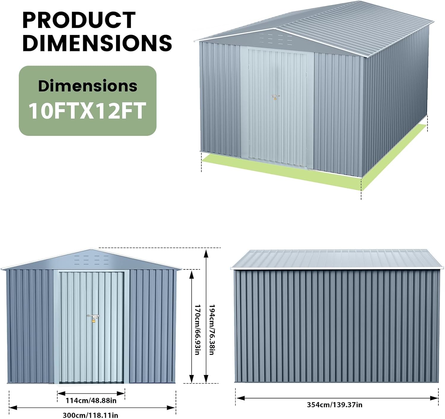 10x12 FT Outdoor Metal Storage Shed, Metal Garden Tool Shed with Lockable Doors, Large Utility Tool Storage Sheds for Patio Lawn Backyard Outside Use, Grey
