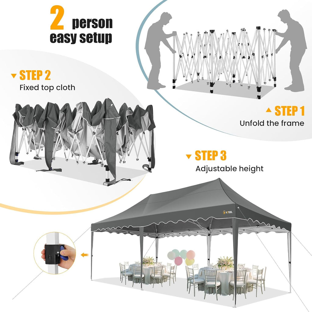 HOTEEL 10×20 Pop Up Canopy Tent UV 50+ and Waterproof, Thickened Frame, Large Space Easy Outdoor Pop Up Canopy for Wedding, Beaches, Parties, Patio (Grey)
