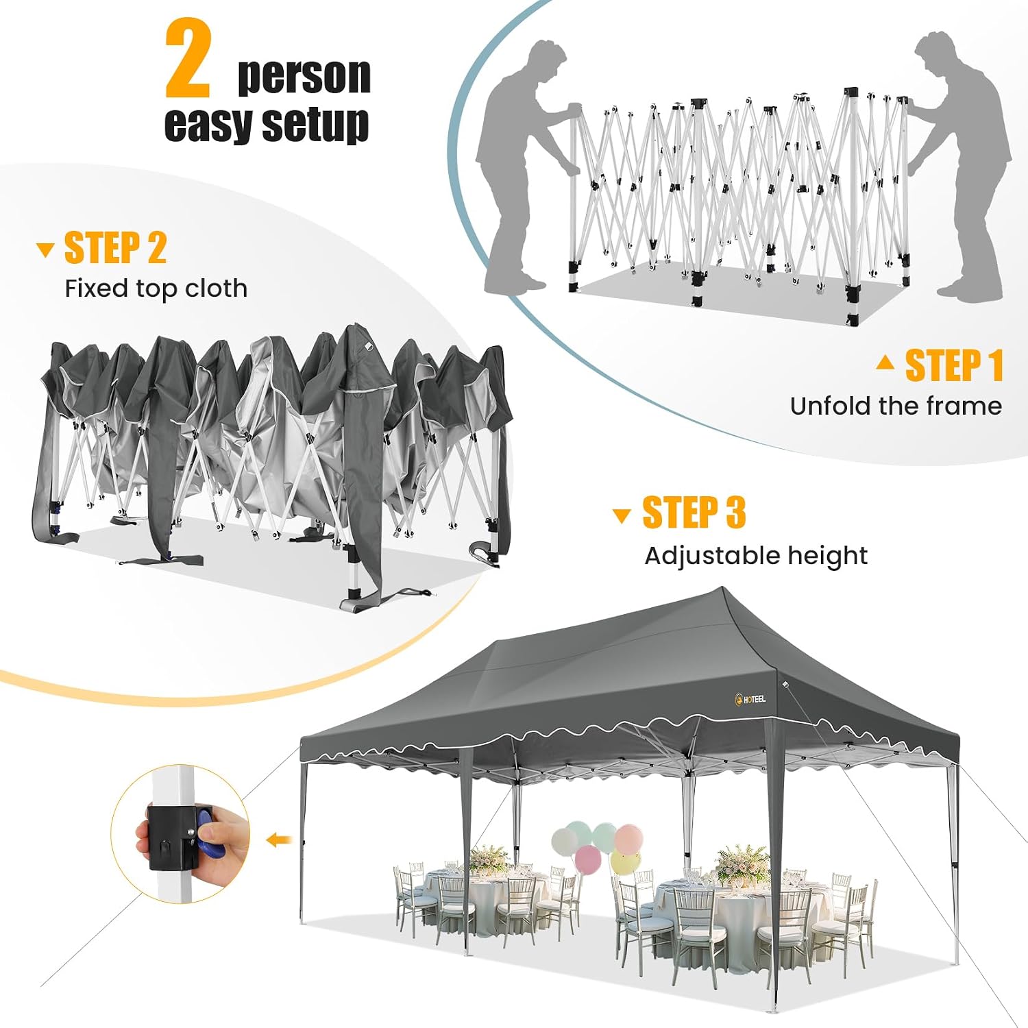 HOTEEL 10×20 Pop Up Canopy Tent UV 50+ and Waterproof, Thickened Frame, Large Space Easy Outdoor Pop Up Canopy for Wedding, Beaches, Parties, Patio (Grey)