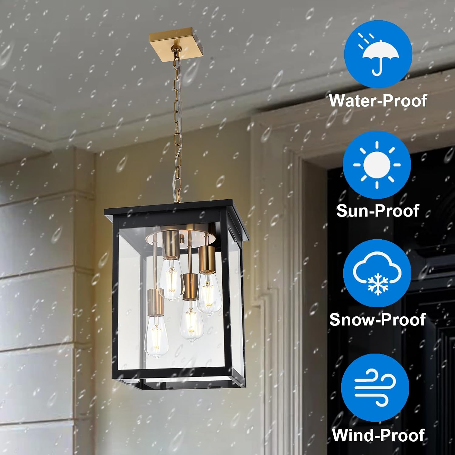 16.7'' Large Outdoor Pendant Light, 4-Lights Black and Brushed Brass Exterior Hanging Porch Chandelier Lantern with Clear Glass, Outdoor Ceiling Light Fixture for Entryway Gazebo Patio