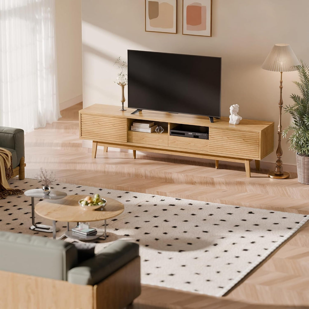 TOLEAD 70' Mid Century Modern TV Stand for TVs up to 75 Inch, Low Profile Entertainment Center with Fluted Sliding Doors & Storage Drawers, Wood TV Console Table for Living Room, Oak