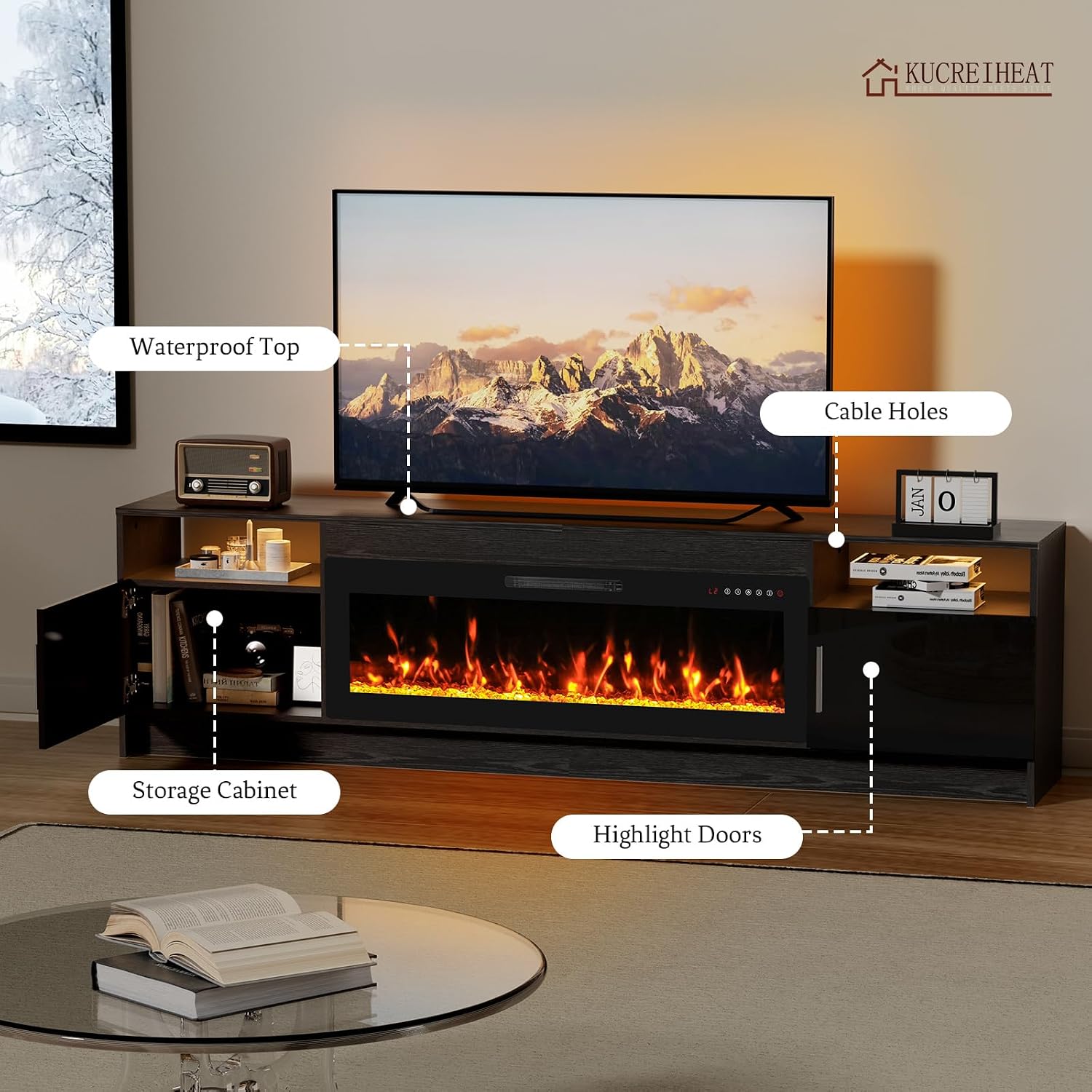 Kucreiheat Fireplace TV Stand for 70-90 inch TV, Large Entertainment Center with Fireplace & LED Lights,High Gloss Living Room Storage Cabinet, Black, 80''(Crystal)