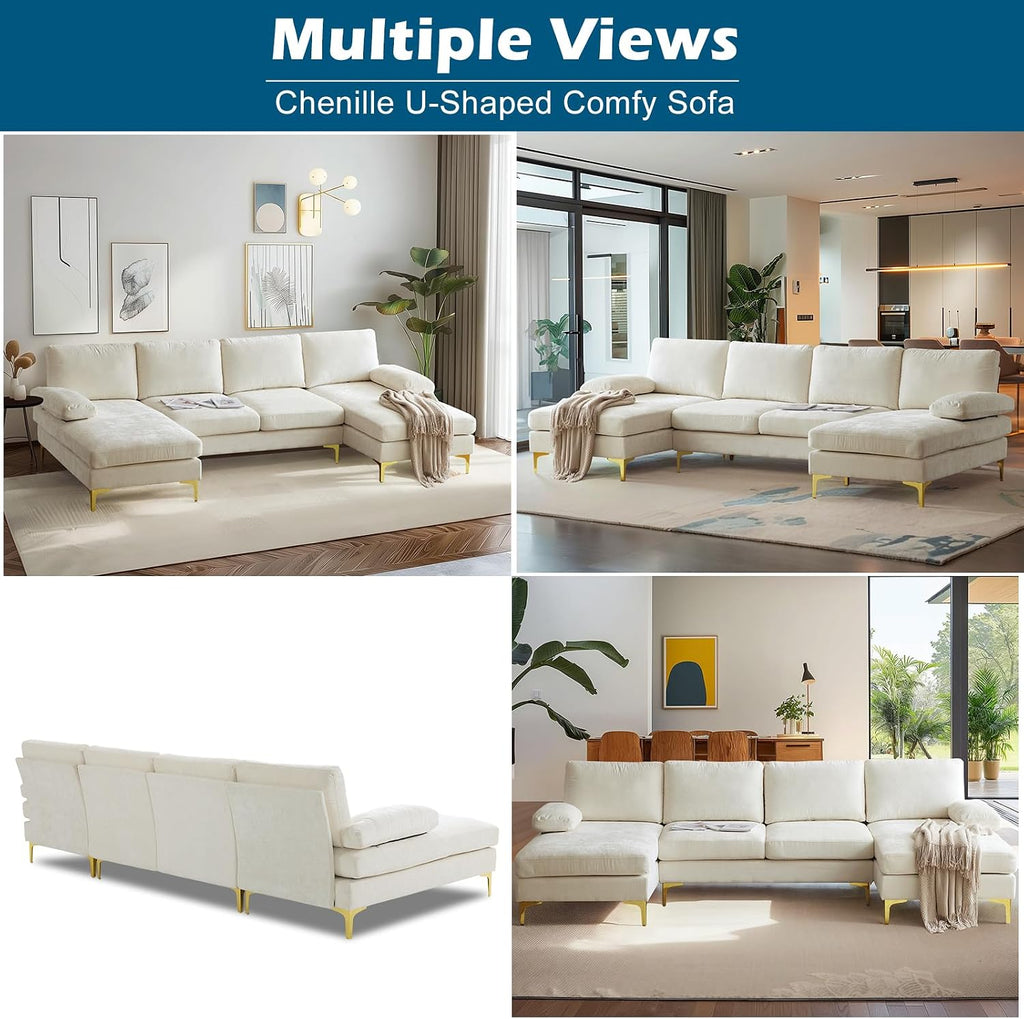 VINGLI 110' Large U-Shape Sectional Sofa Couch with 51' D Double Chaise for Living Room, Modern Sectional Couch Set with Soft 5.9' Thickness Seating Padding, Chenille Fabric,Metal Gold Legs(Beige)