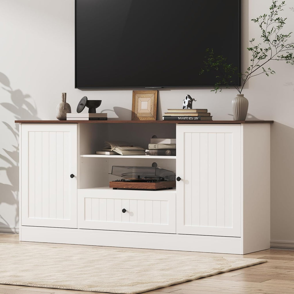 Furnify 63 in Farmhouse TV Stand for TVs up to 70 Inch, Modern Entertainment Center with Storage Drawer and Open Shelves, Shaker Door TV Console Media Cabinet for Living Room, Bedroom, White