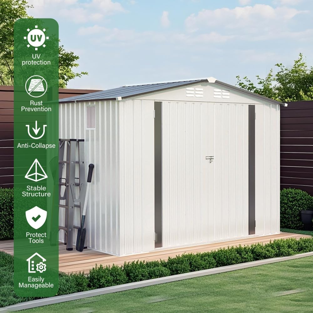 8X6 FT Metal Outdoor Storage Shed with Window & Vents, Waterproof Garden Tool Shed with Lockable Door & Pitched Roof, Durable Steel Bike Storage for Yard, Patio, White & Gray