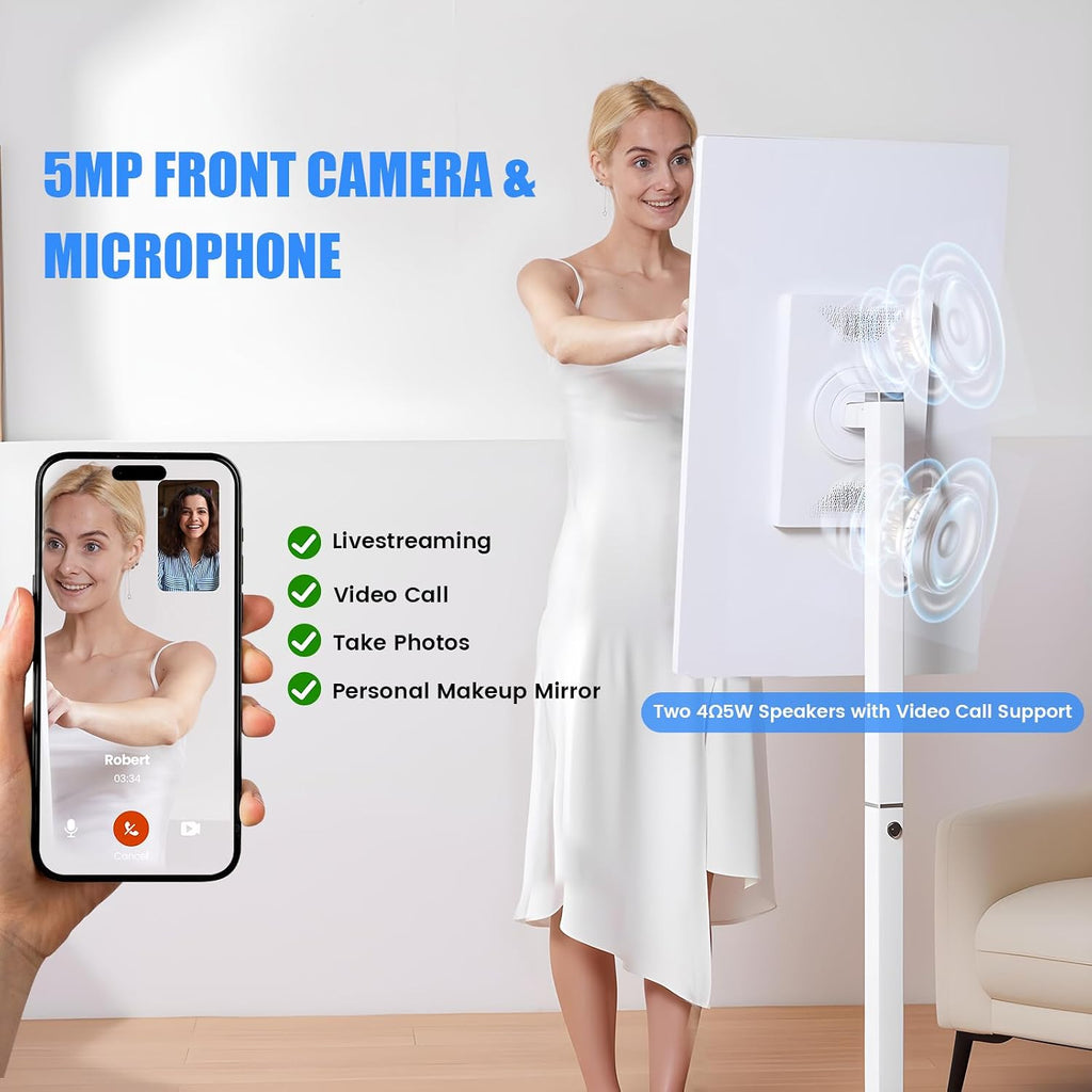 32 Inch Smart Portable TV on Wheels,FHD Touch-Screen-Monitor,Wireless RollableTV, 8G RAM,128G Storage,Built-in 6-8H Battery,Android 14,Full Swivel Rotation,Remote Control (White)
