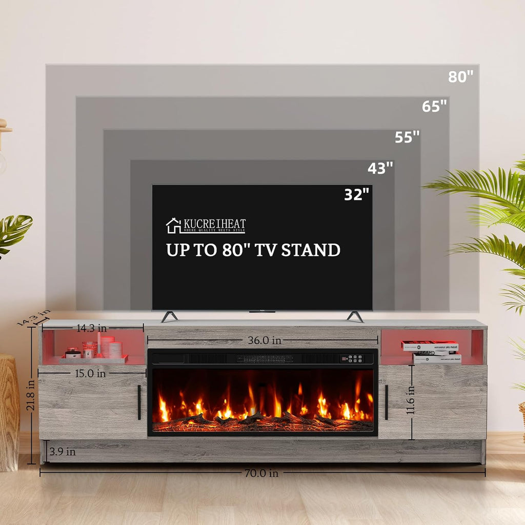 Kucreiheat Fireplace TV Stand for 65-80 inch TV, Large Entertainment Center with Fireplace & LED Lights,High Gloss Living Room Storage Cabinet, Grey, 70''(Log)