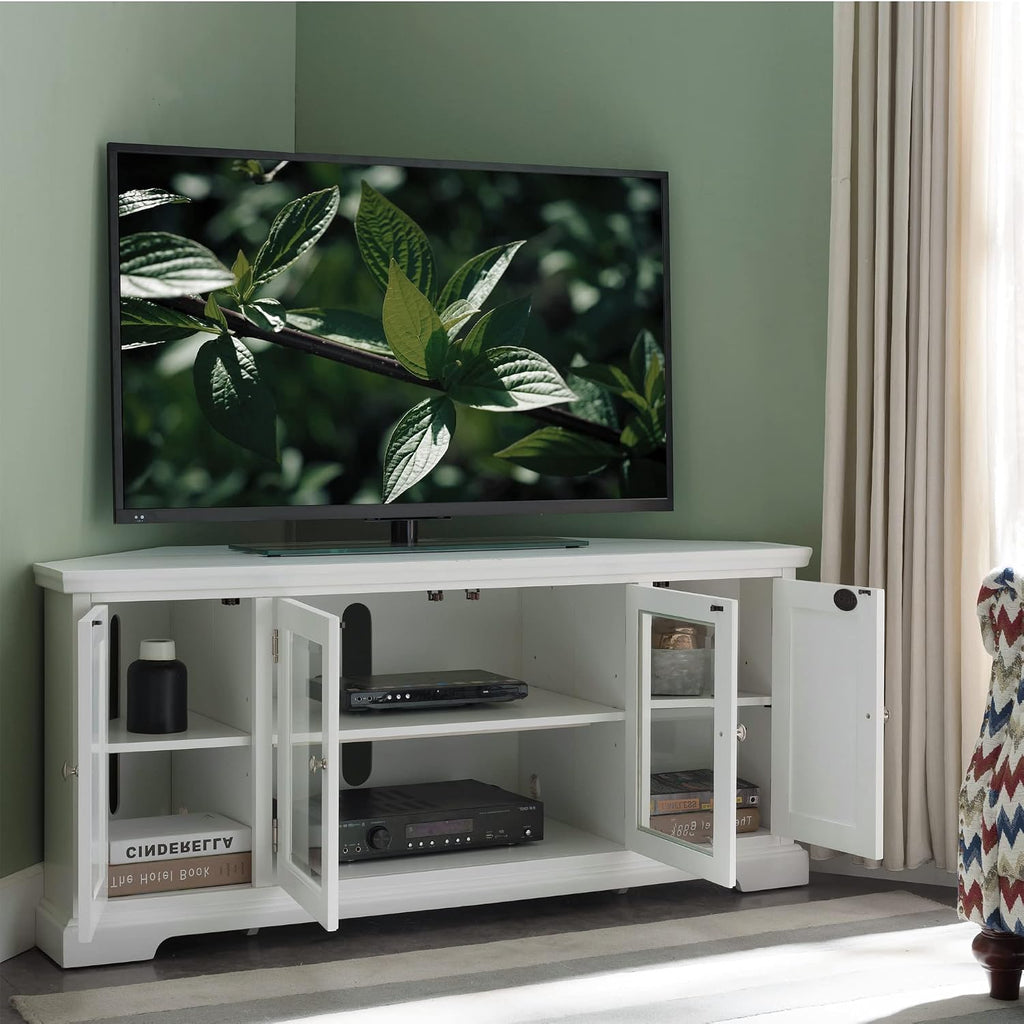 Leick Home Mateo Corner TV Stand, for 65 in. TV, 2 Glass Doors and 2 Soild Doors, White, 85386