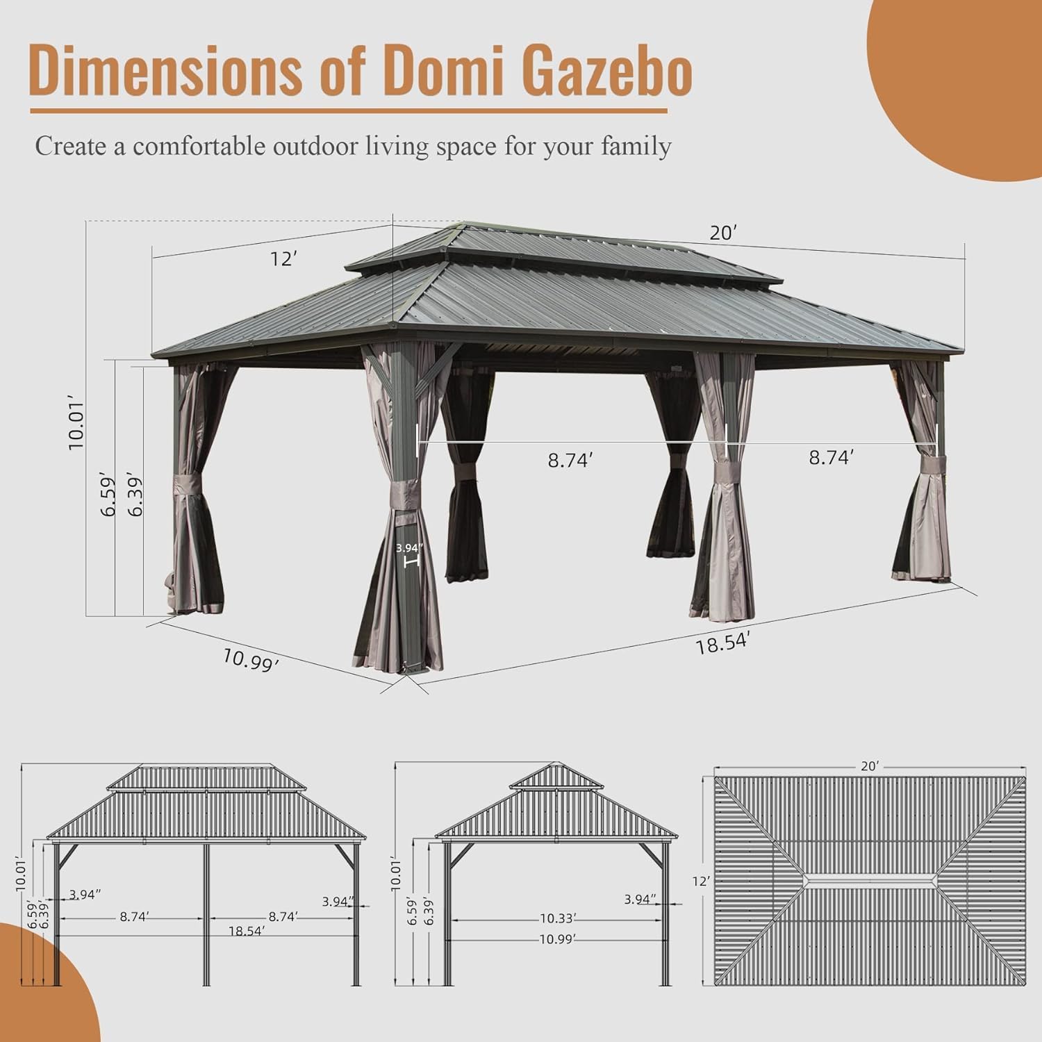 12' X 20' Hardtop Gazebo, Aluminum Metal Gazebo with Galvanized Steel Double Roof Canopy, Curtain and Netting, Pent Gazebo Pavilion for Patio, Backyard, Deck, Lawn