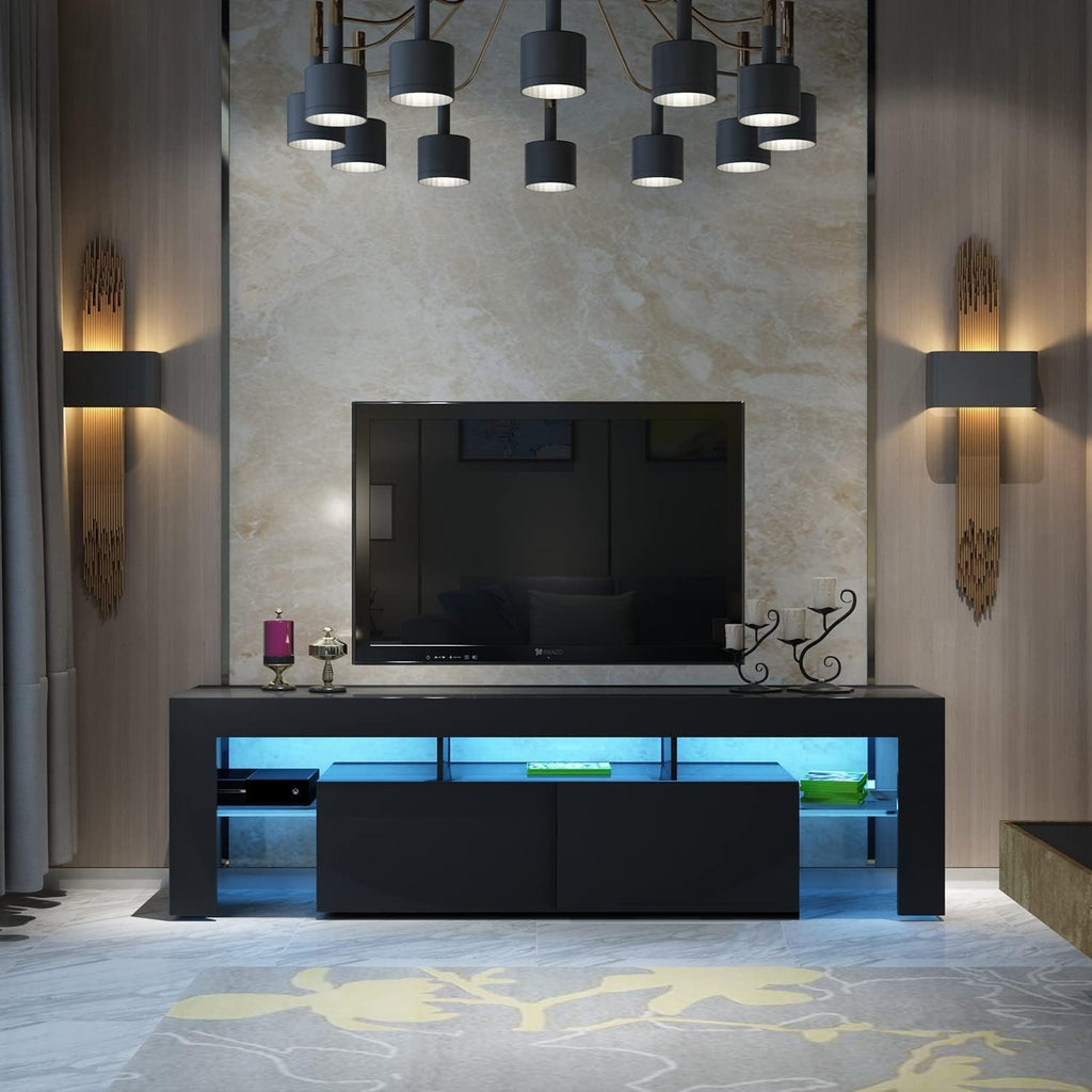 Black TV Stand, 65 70 75 80 inch Wood TV Stand, High Glossy Entertainment Center with Large Storage＆Glass Display Shelf, LED Modern Media Gaming Cabinet TV Console for Livingroom