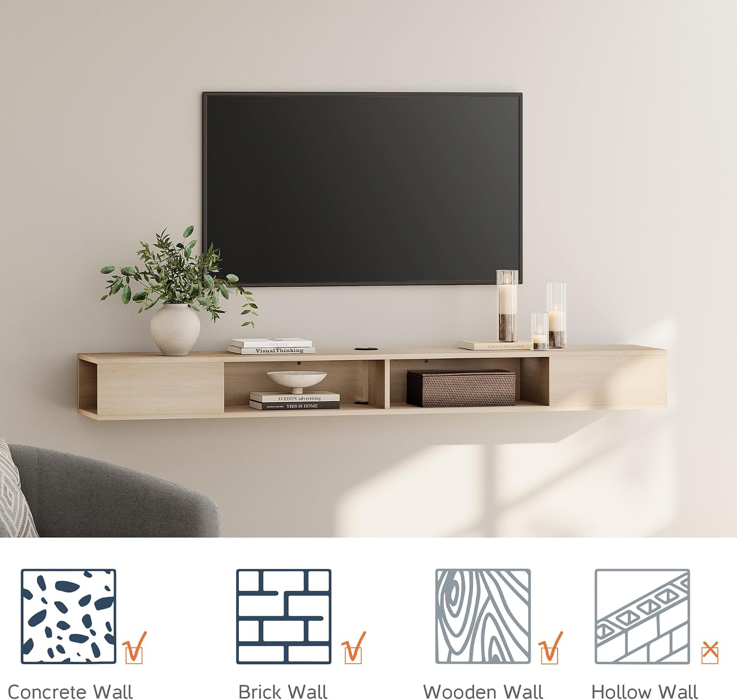 WAMPAT Floating TV Stand, Wall Mounted Entertainment Center with Storage for 65/70/75 inch TV, Floating Shelf for Living Room, Bedroom,Natural