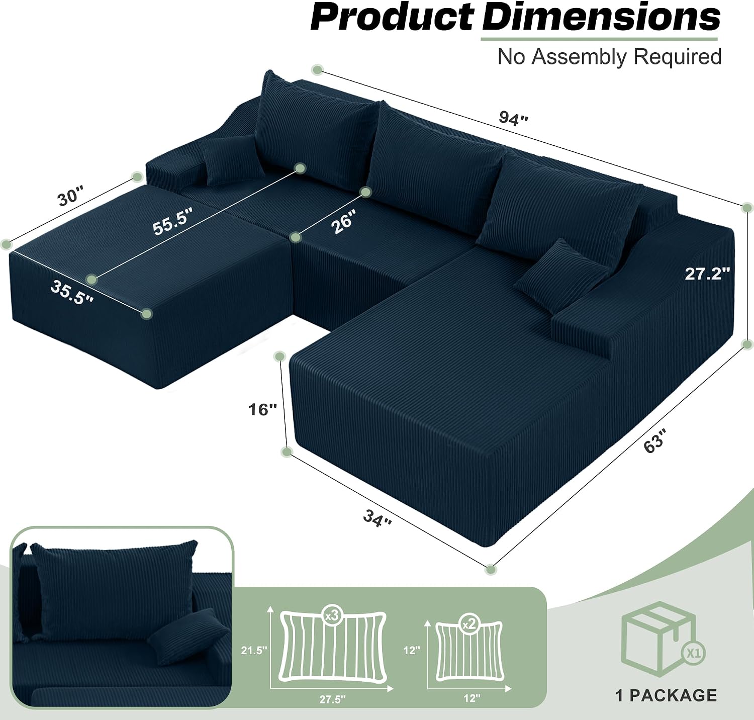HABUTWAY U Shaped Modular Sectional Couch for Living Room, Modular Cloud Sofa with Ottoman, No Assembly Boneless Couches with Deep Seat, Corduroy Fabric (Blue, Right Facing)