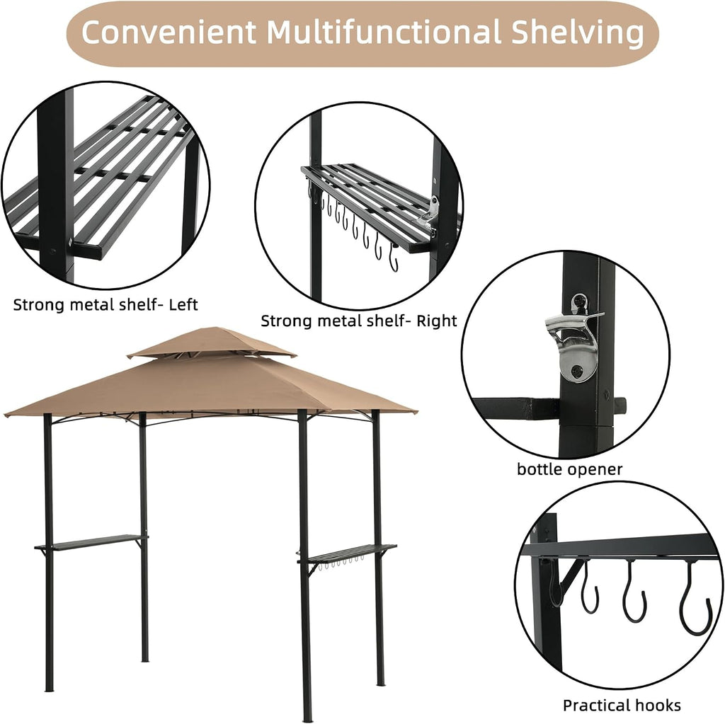 Outdoor Grill Gazebo 8x5 FT with Double Tier Canopy Steel Frame BBQ Shelter Tent for Patio Backyard Camping Includes Hooks Bar Counters & Windproof Design (Khaki)