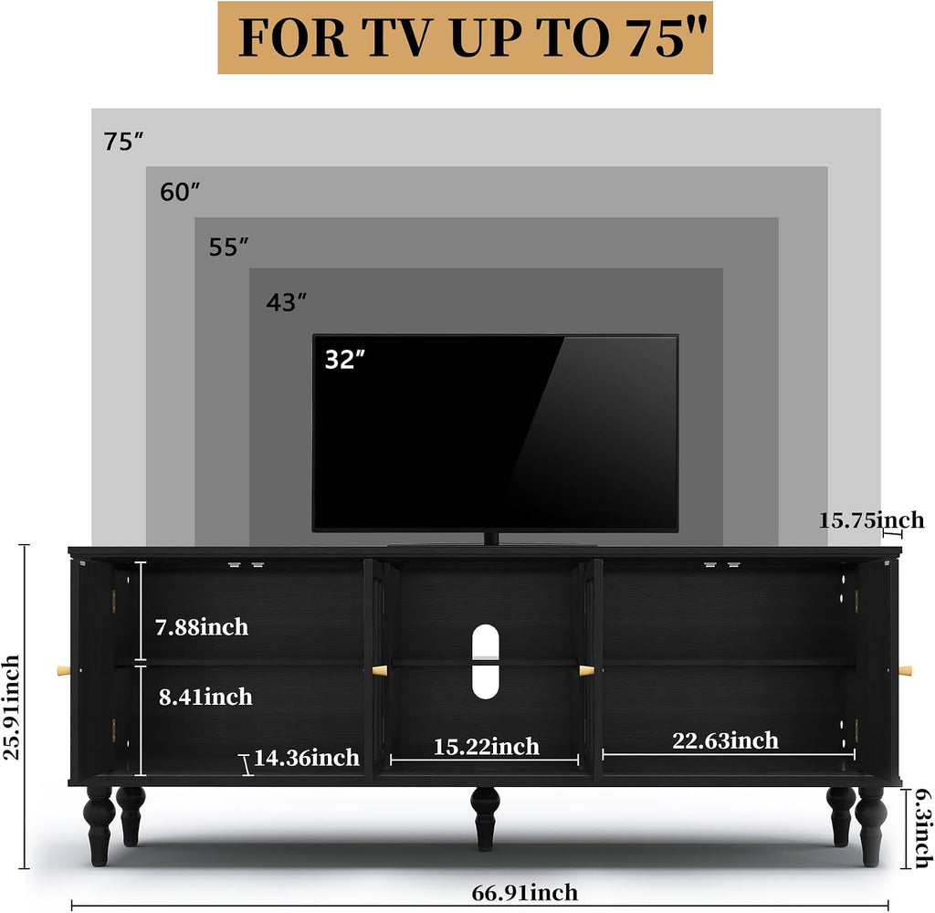 3More 67' Mid Century Modern TV Stand with Window Design,Wood Entertainment Center with Open Shelf,Up to 70' Media TV for Living Room or Bedroom,Black