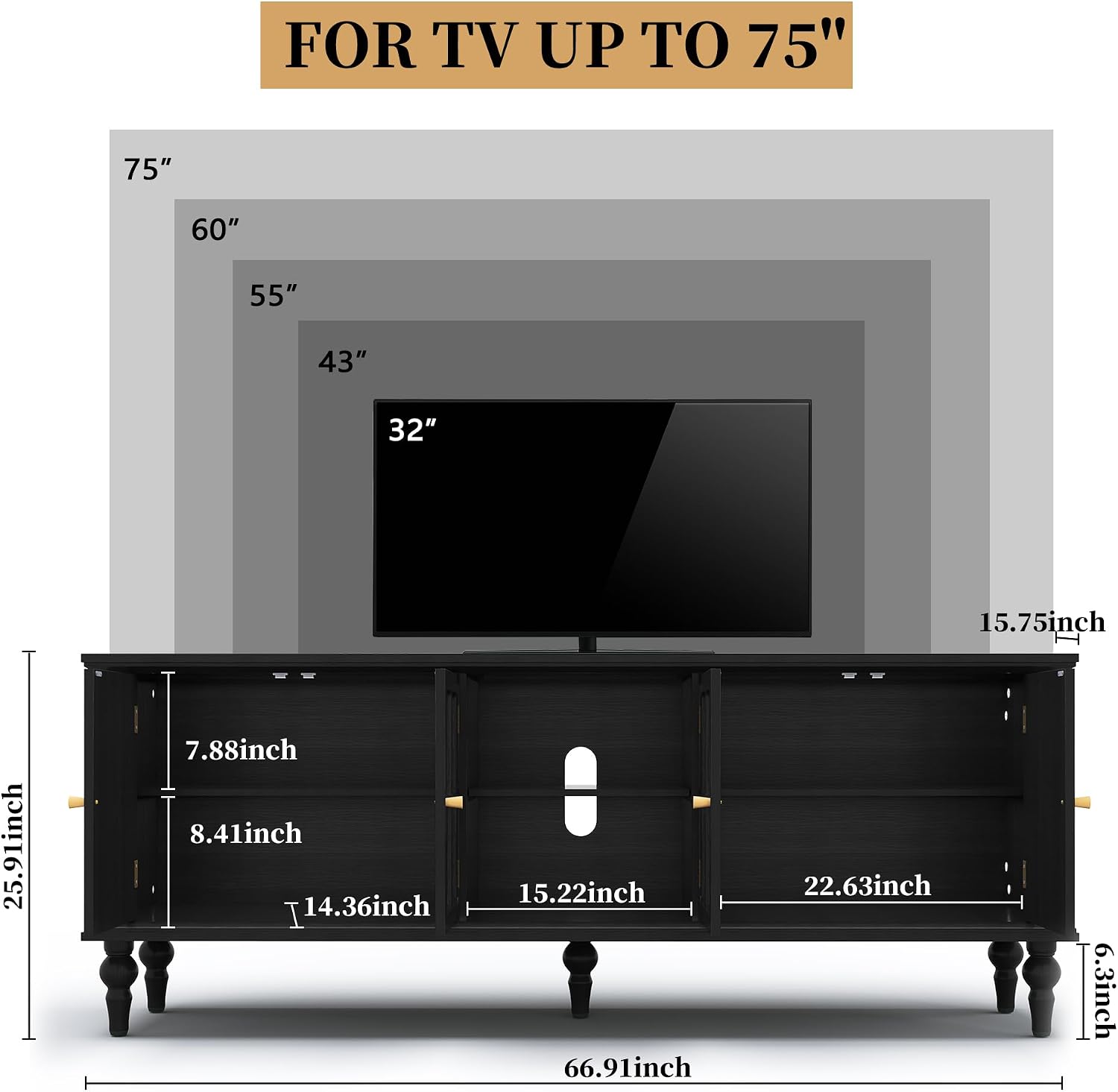 3More 67' Mid Century Modern TV Stand with Window Design,Wood Entertainment Center with Open Shelf,Up to 70' Media TV for Living Room or Bedroom,Black