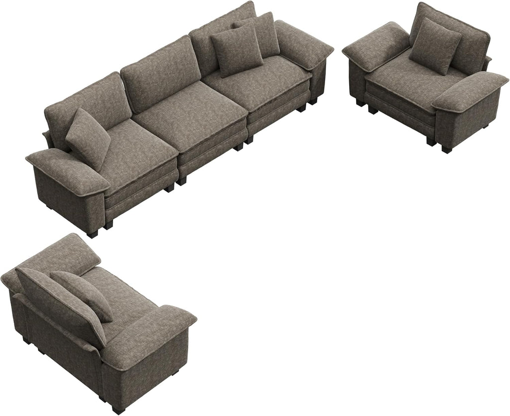 PHI VILLA Cloud Modular Couches Sets, 3 Pieces Large Sectional Sofa Set with Single Sofa, 5-Seater Upholstered Couch for Living Room, Chenille Fabric, Smoky Grey