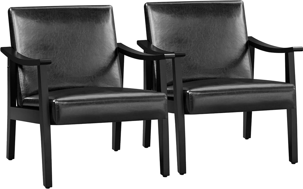 Yaheetech PU Leather Black Chairs, Mid-Century Modern Armchair with Solid Wood Legs, Reading Accent Chair with High Back for Living Room Bedroom Waiting Room, 2 pcs, Black