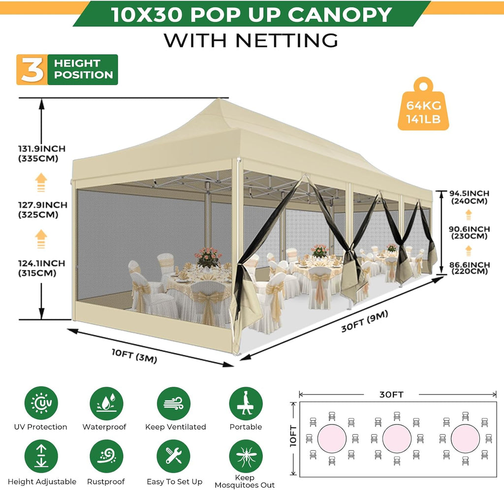 COBIZI 10x30 Heavy Duty Pop Up Canopy Tent with 8 Sidewalls, Easy Set Up Outdoor Waterproof Screen Commercial Party Tent with Mosquito Netting for Parties Backyard Patio, Roller Bag, Khaki