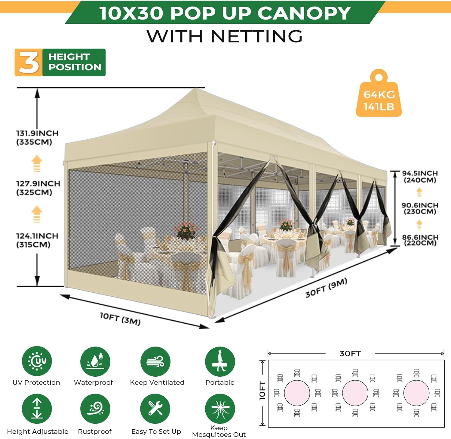 COBIZI 10x30 Heavy Duty Pop Up Canopy Tent with 8 Sidewalls, Easy Set Up Outdoor Waterproof Screen Commercial Party Tent with Mosquito Netting for Parties Backyard Patio, Roller Bag, Khaki