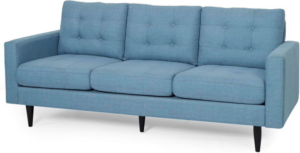 Christopher Knight Home Jenby Modern 3-Seater Sofa, Tufted Waffle Stitch Fabric Couch with Rubberwood Tapered Legs, Modern Living Room Sofa Couch for Family & Guests, Blue