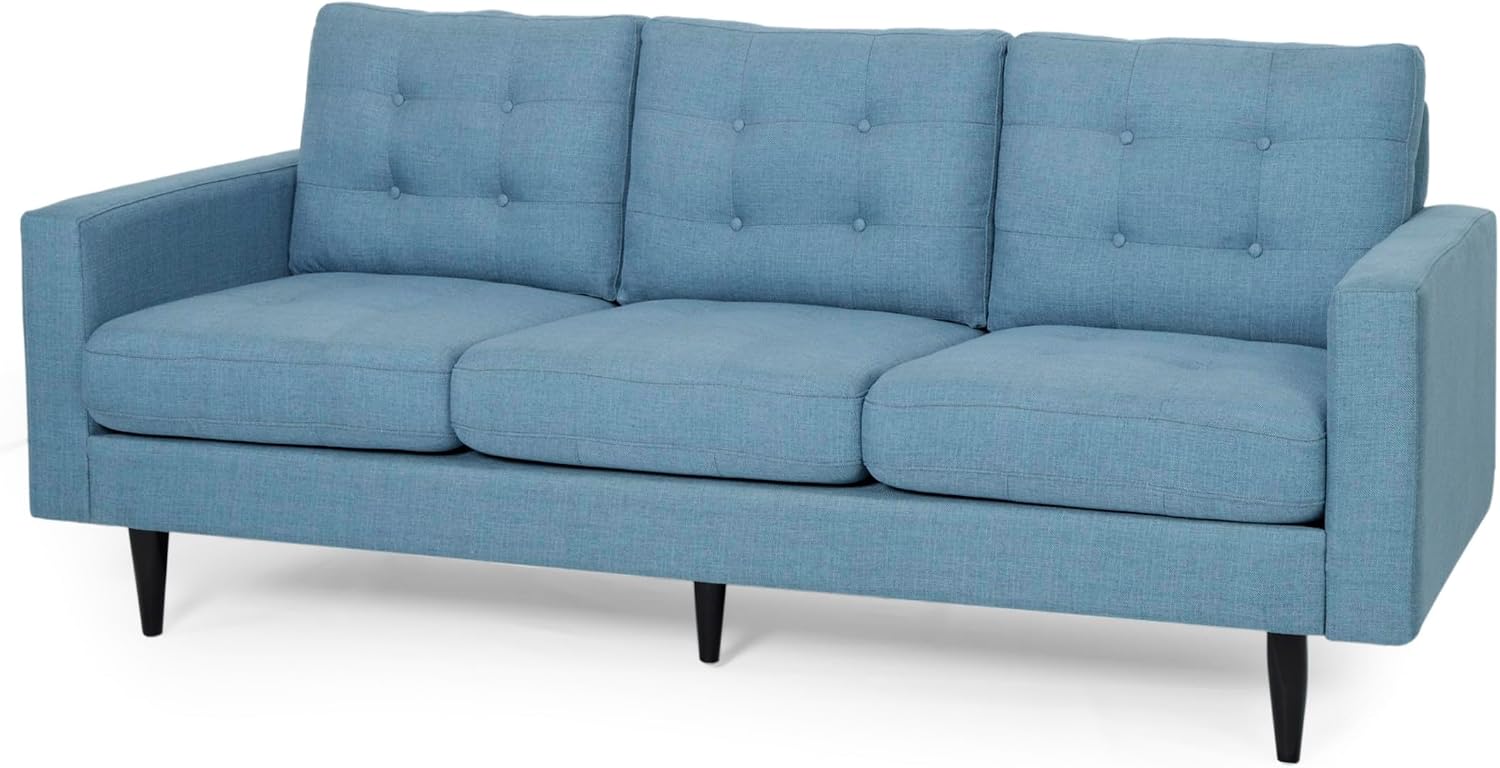 Christopher Knight Home Jenby Modern 3-Seater Sofa, Tufted Waffle Stitch Fabric Couch with Rubberwood Tapered Legs, Modern Living Room Sofa Couch for Family & Guests, Blue