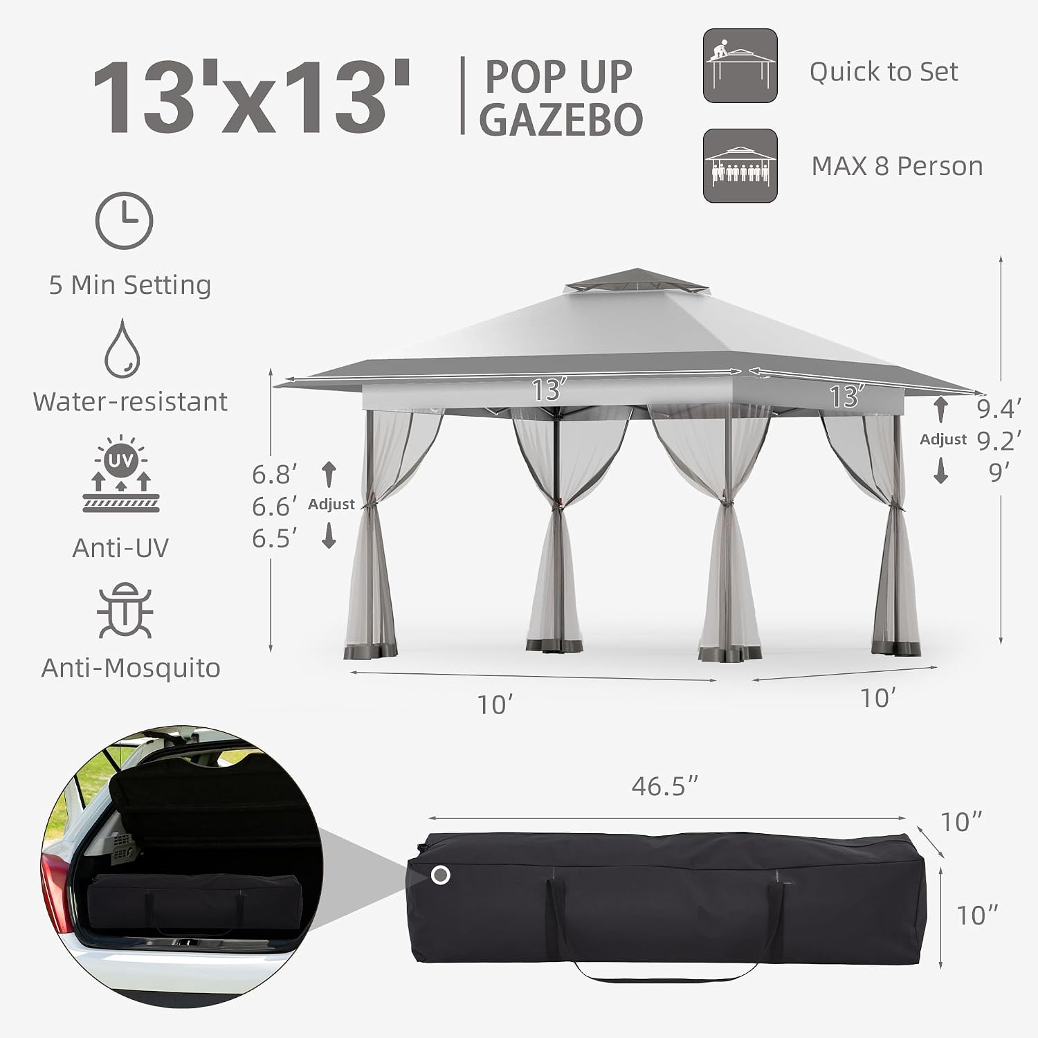 Bezseller 13x13 Pop Up Gazebo with Mosquito Netting – Easy 1-Person Setup, Water-Resistant Backyard Canopy for Family Patio & Garden Use,Light Grey
