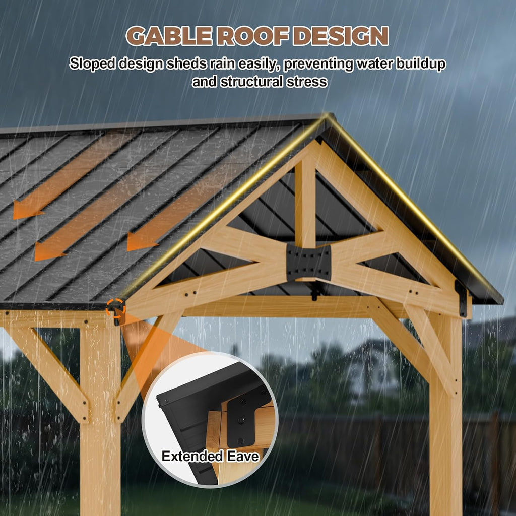 13x15 Hardtop Gazebo, Galvanized Steel Gable Roof Exposed Beam A-Frame Outdoor Pavilion with Cedar Wood Frame, Patio Gazebo for Deck, Garden, Lawn, Natural Wood/Black