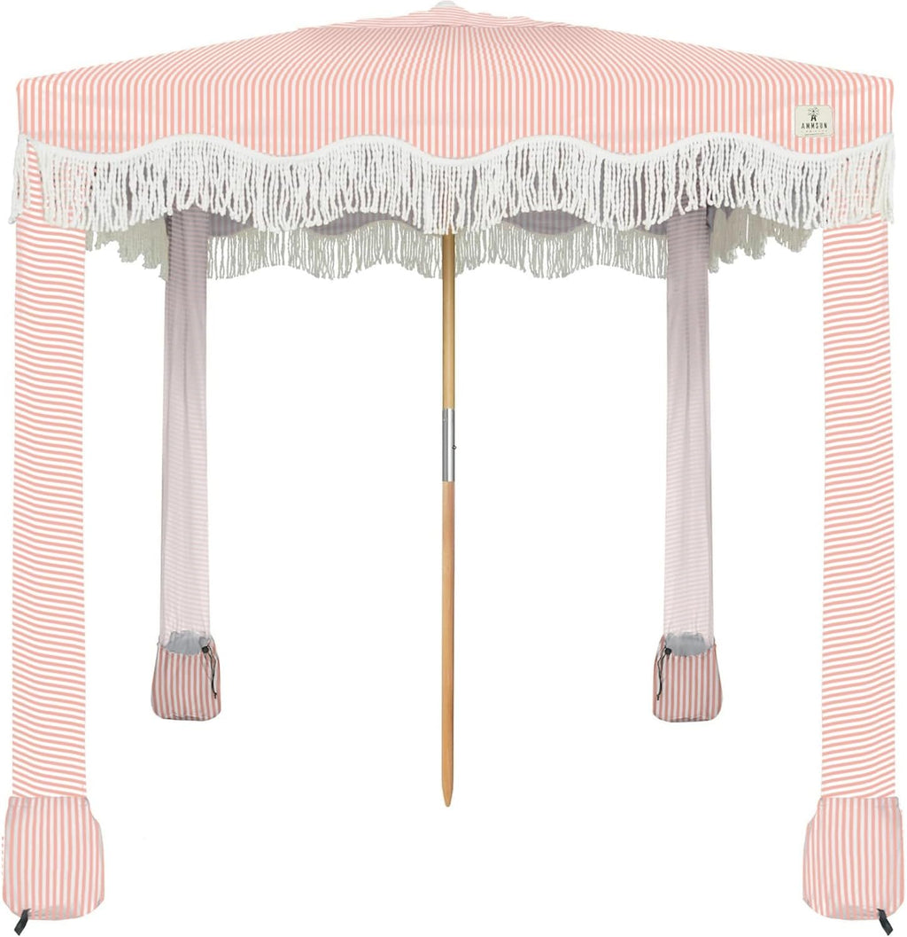 AMMSUN Beach Cabana with Fringe, 7' x 7' Boho Beach Canopy with Tassels, Easy Set up & Premium Wood Pole, Cabana Tent with Sand Pockets, Instant Sun Shade for Sand, Garden, Patio, Pink Stripes