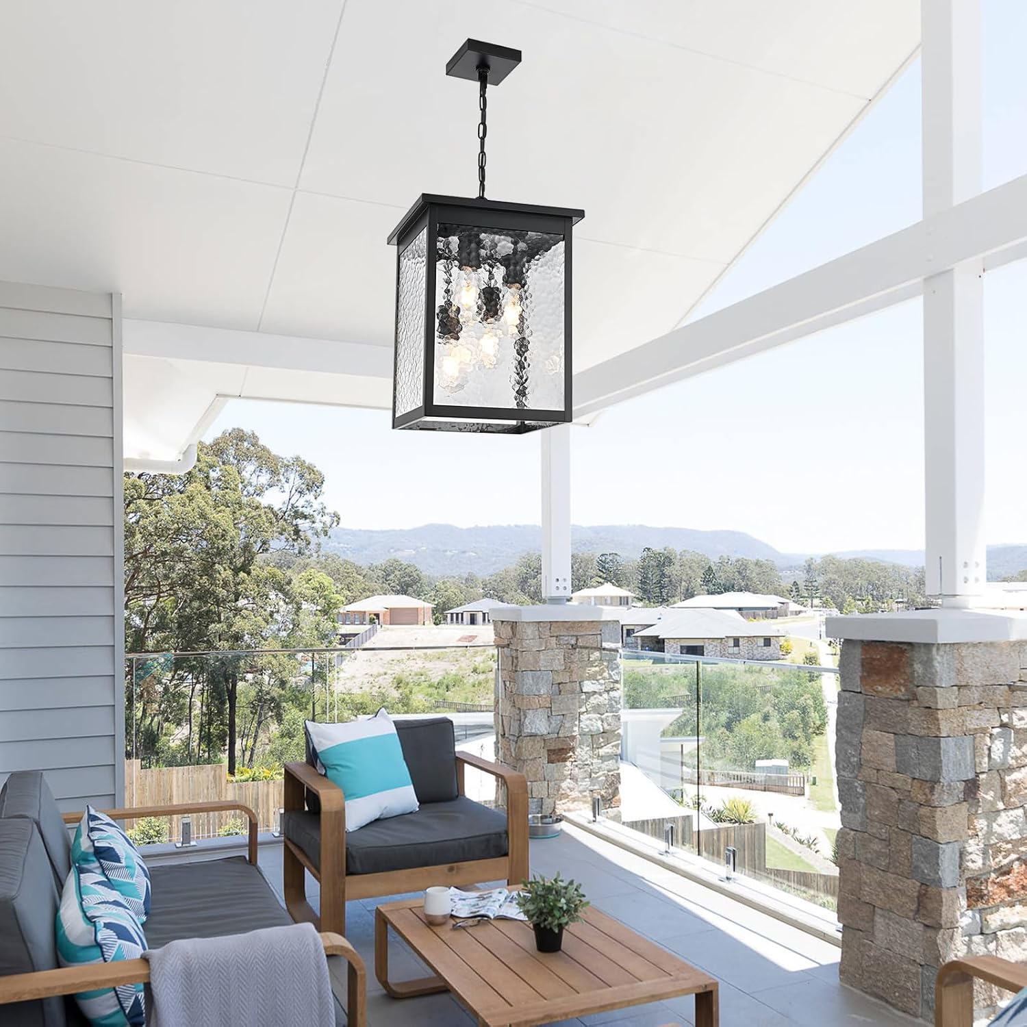 16.7'' Outdoor Pendant Lights for Porch, 4-Lights Black Exterior Pendant Light with Hammer Glass, Outdoor Porch Light Ceiling Mount Outdoor Hanging Light Fixture for Gazebo, Patio, Entryway