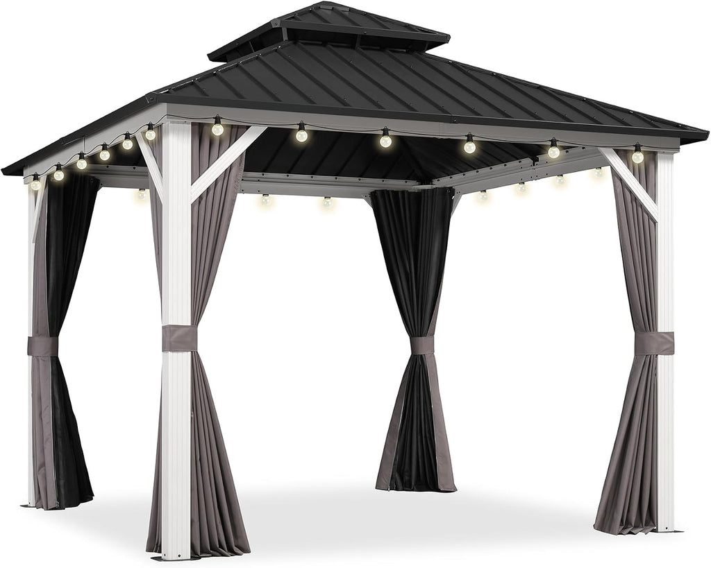 PURPLE LEAF 10' X 10' Outdoor Gazebo Galvanized Steel Double Roof White Aluminum Frame Hardtop Heavy Duty Gazebo with Curtain and Netting for Patio Garden and Backyard, Grey