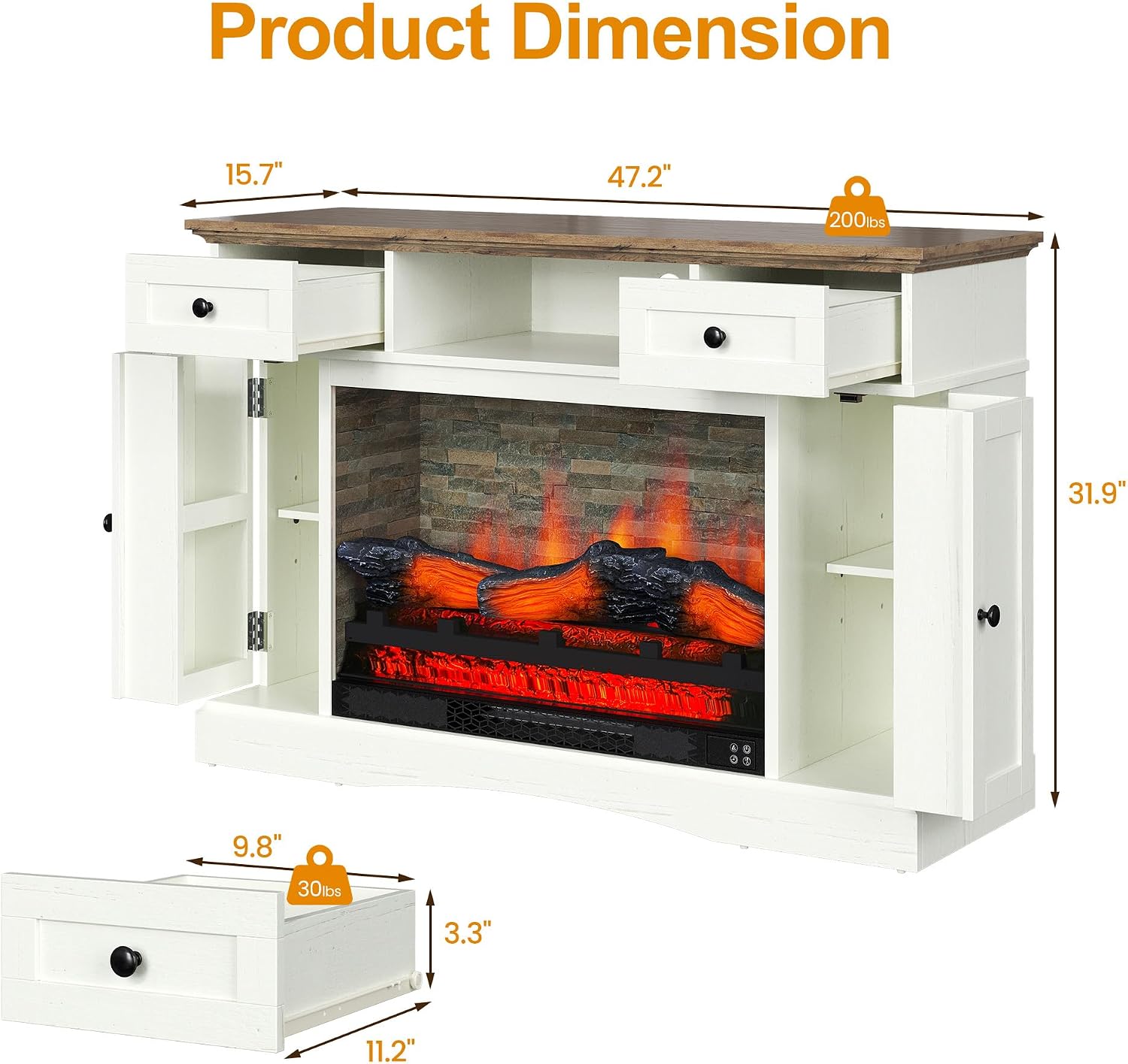 RoyalCraft TV Stand with 28'' Fireplace for TVs up to 55'', Media Console Table with Adjustable Shelves, Double-Door Design, Entertainment Center for Living Room, Bedroom, White