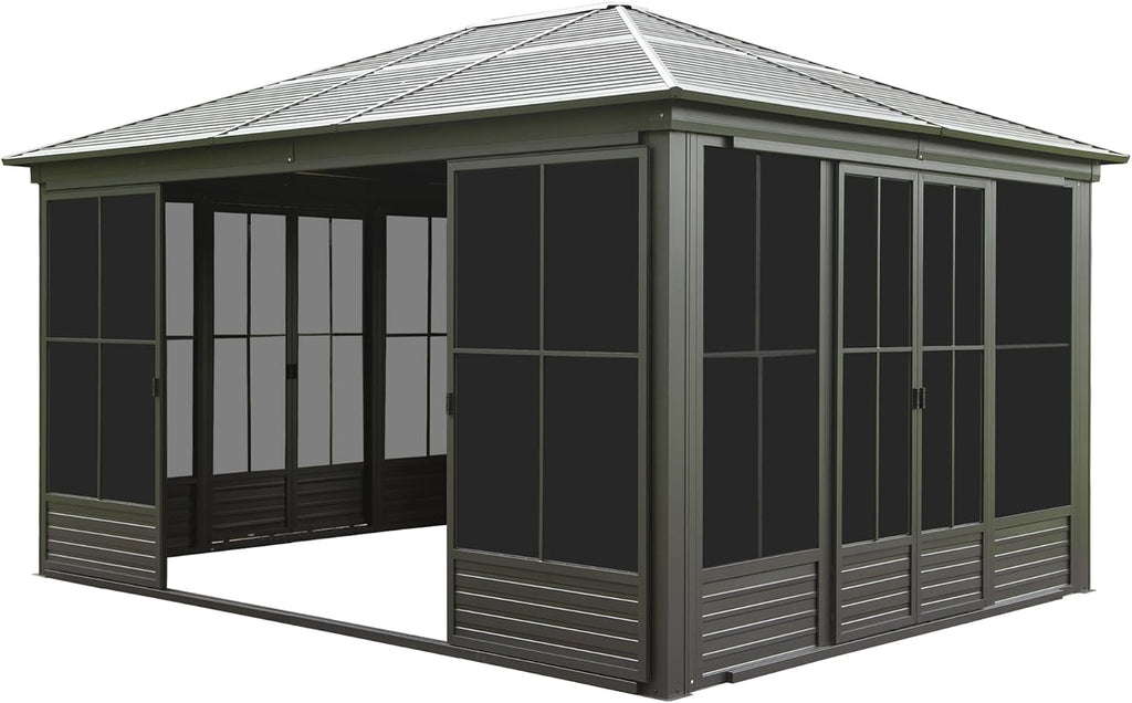 12'(W) x 14'(L) Outdoor Sunroom Aluminum Hardtop Gazebo with Galvanized Steel Roof, PVC Screen Walls and Sliding Door, Black