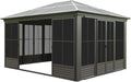 12'(W) x 14'(L) Outdoor Sunroom Aluminum Hardtop Gazebo with Galvanized Steel Roof, PVC Screen Walls and Sliding Door, Black