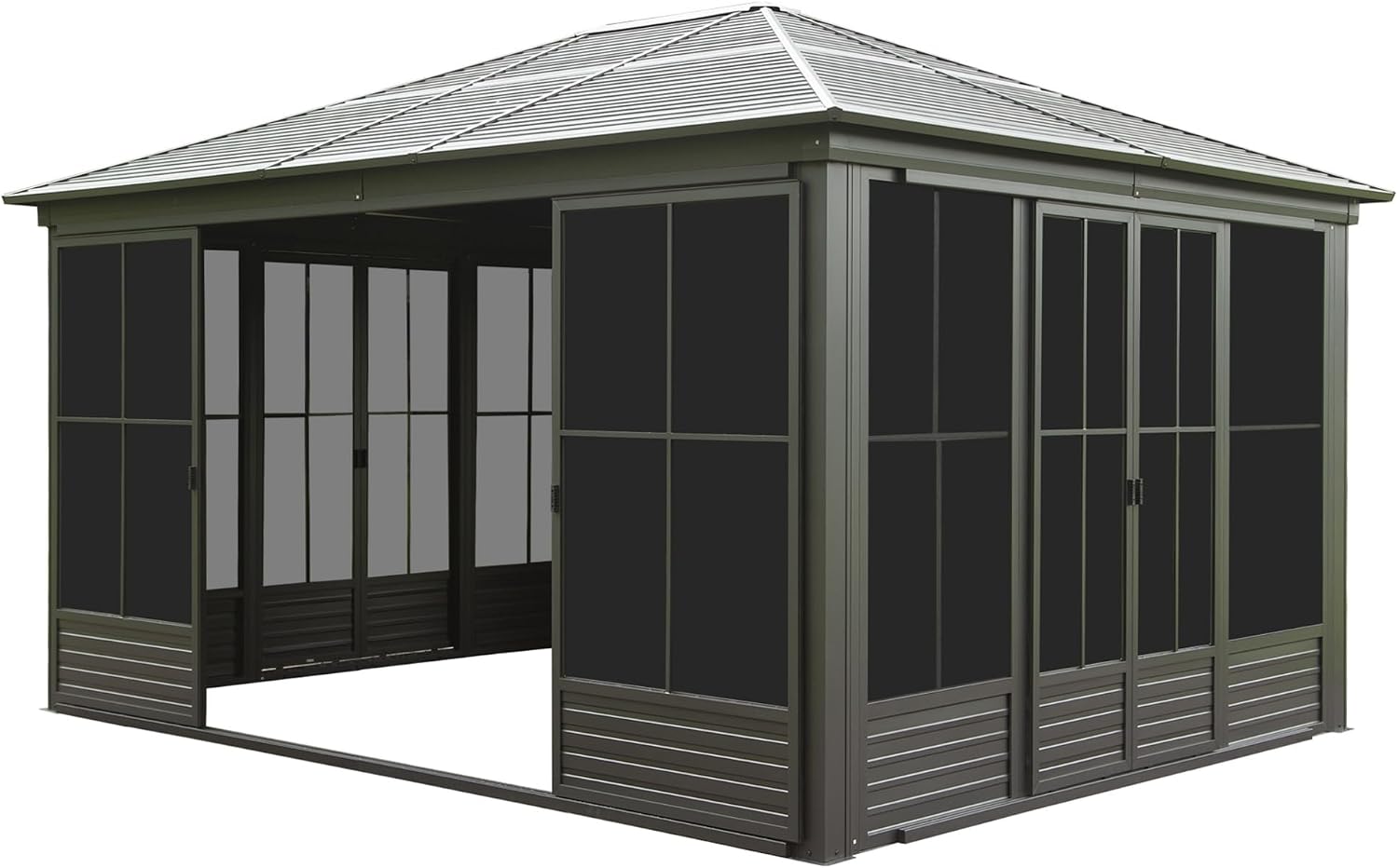 12'(W) x 14'(L) Outdoor Sunroom Aluminum Hardtop Gazebo with Galvanized Steel Roof, PVC Screen Walls and Sliding Door, Black