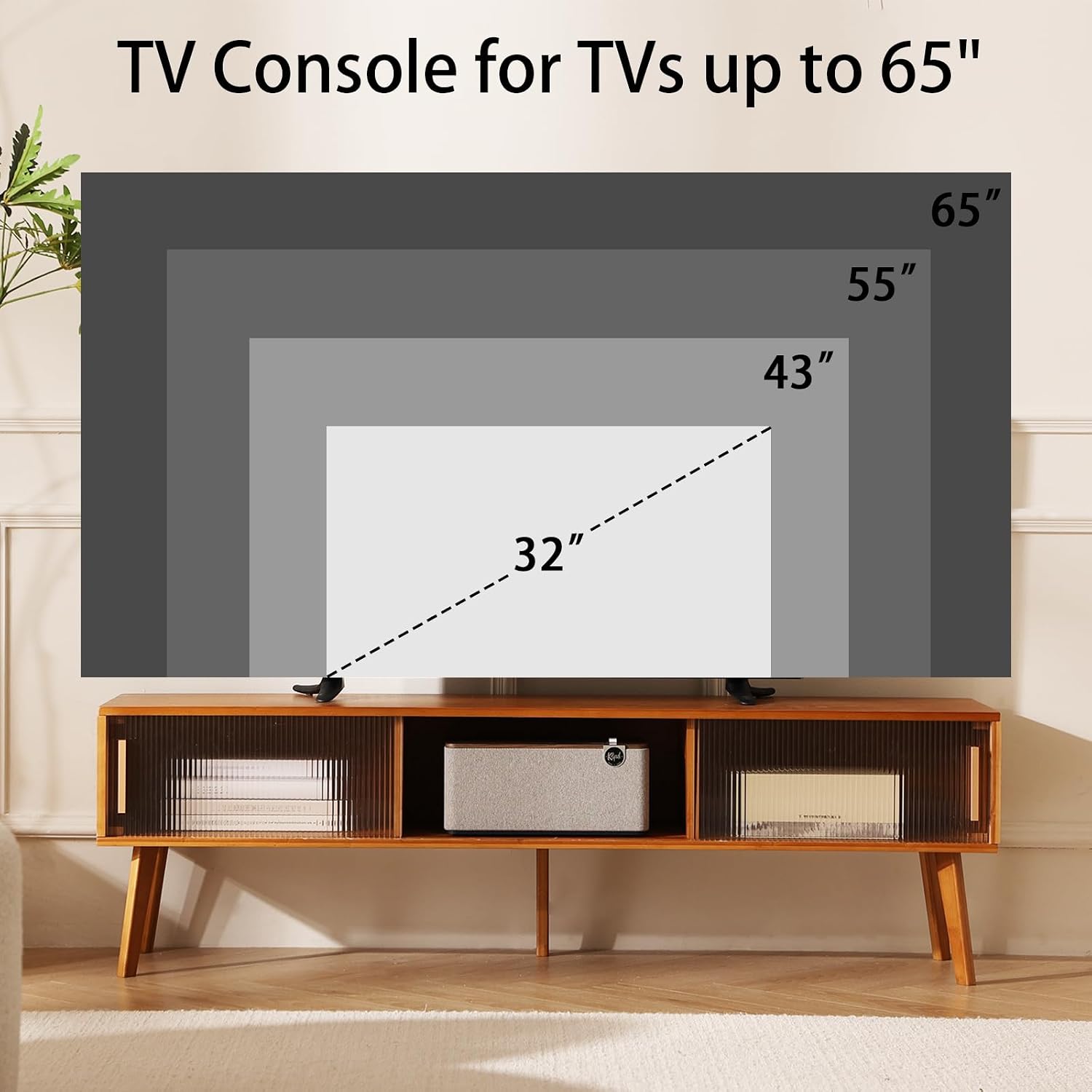 Baveke Bamboo TV Stand Entertainment Center tv Console, Mid-Century Modern Television Stand for 55-65 inch TVs, Wood TV Stand with Storage, Tv Stands for Living Room, Bedroom and Home Decor, Brown